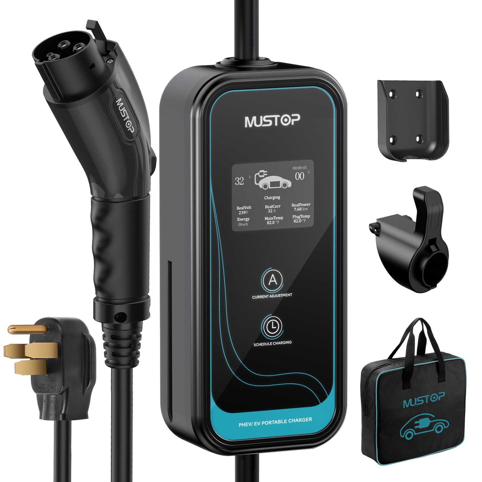 Portable Level 1 and 2 EV Charger (32 Amp, 110V-240V, 20ft，NEMA 14-50P),IP65 Waterproof, LCD Screen Electric Vehicle Charger Plug-in EV Charging Station with Delay Function for All J1772 Evs