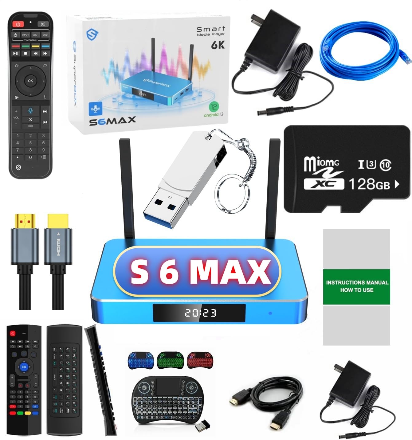 2025 Version S6 MAX 4GB RAM 64GB ROM 6K Ultra HD Built-in Voice Control 2*HDMI Cable,2* Power Supply,1* Voice Remote Control,1* 128 TF Card, 1 * 128 USB Flash Driver ect