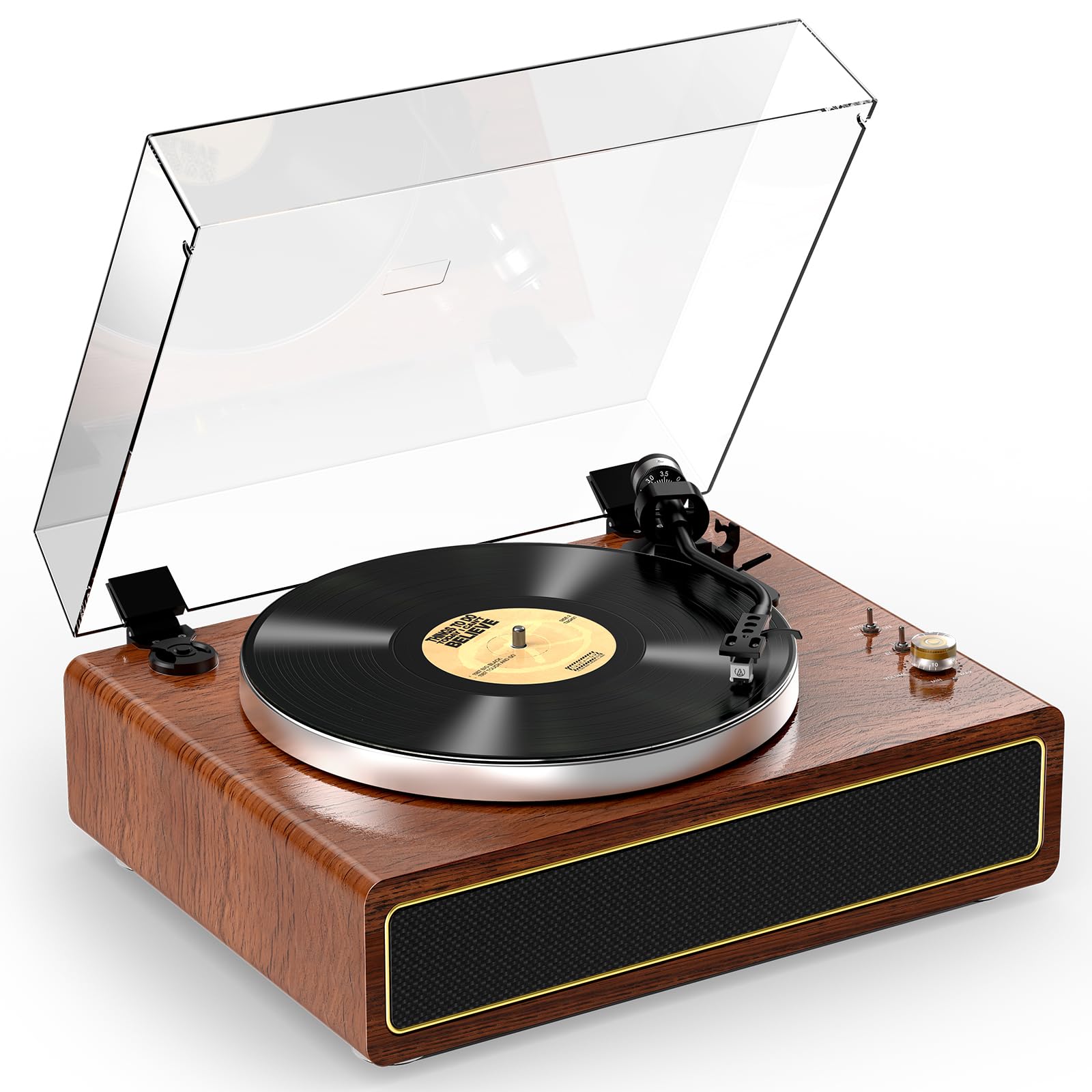 All-in-one Record Player Turntable with Built-in Speakers Vinyl Record Player Support Wireless Playback Auto Stop 33&45 RPM Speed RCA Line Out AUX in Belt-Drive Turntable for Vinyl Records Mahogany
