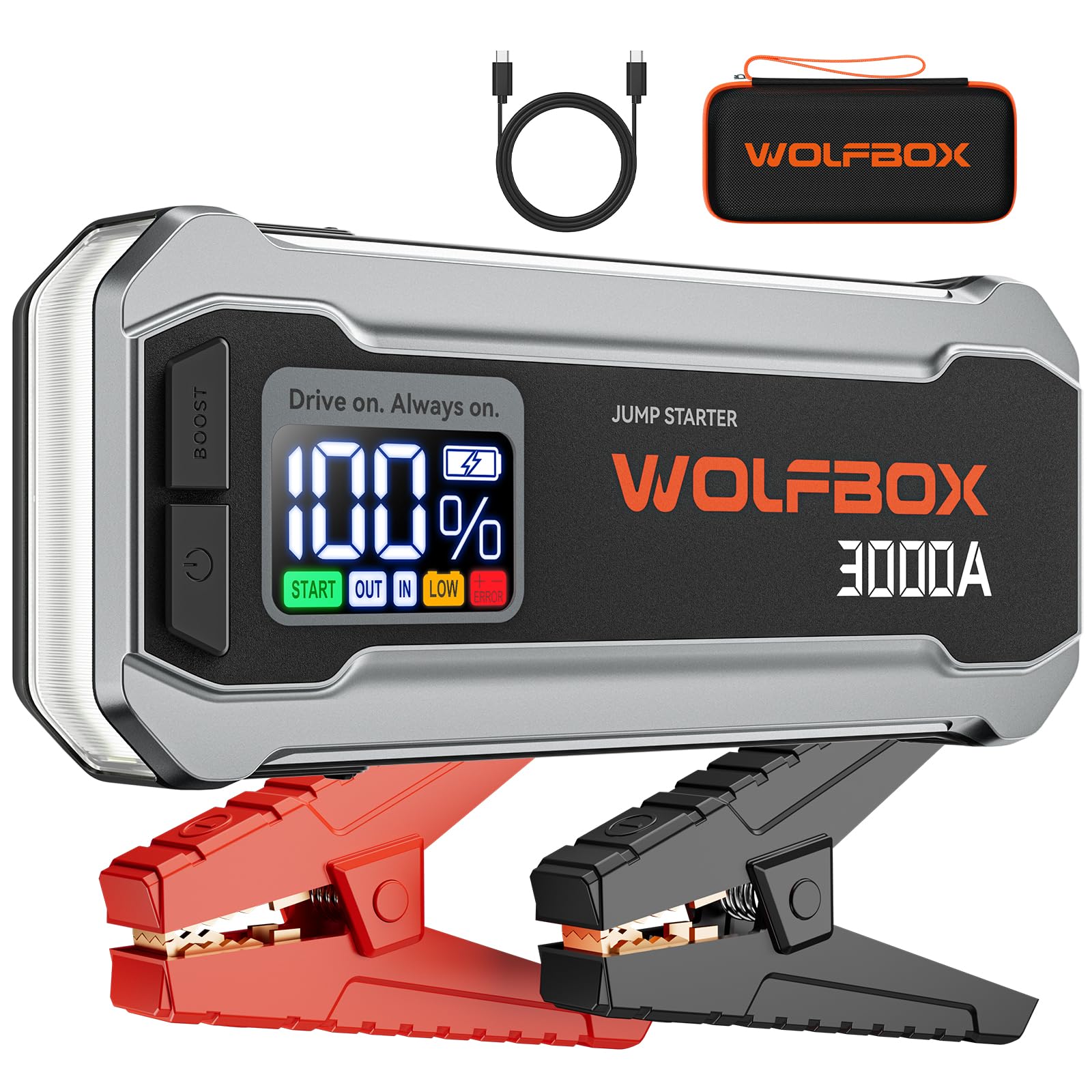WOLFBOX 3000A Jump Starter,12V Car Battery Jump Starter,65W Quick Charge(Adapter Not Included) 16000mAh Portable Jump Starter Battery Pack for 8L Gas 6L Diesel Engine with Booster,LED Light,Jump Box