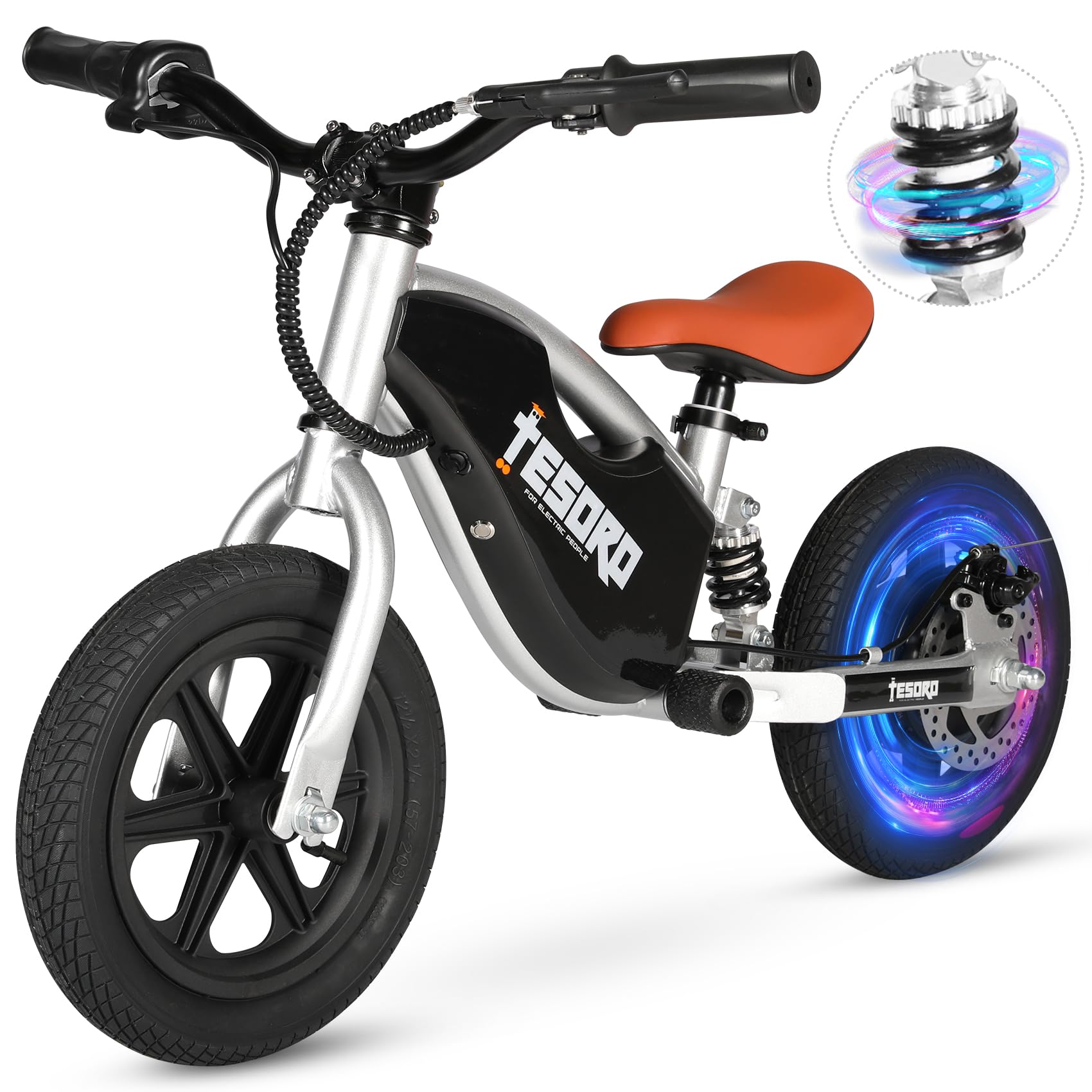 TESORO Electric Dirt Bike for Kids 3-6, 24V 150W Electric Balance Bike, 9.3MPH Kids Electric Bike with Adjustable Speed, 12” Electric Motorcycle for Kid, Rear Shock Absorber