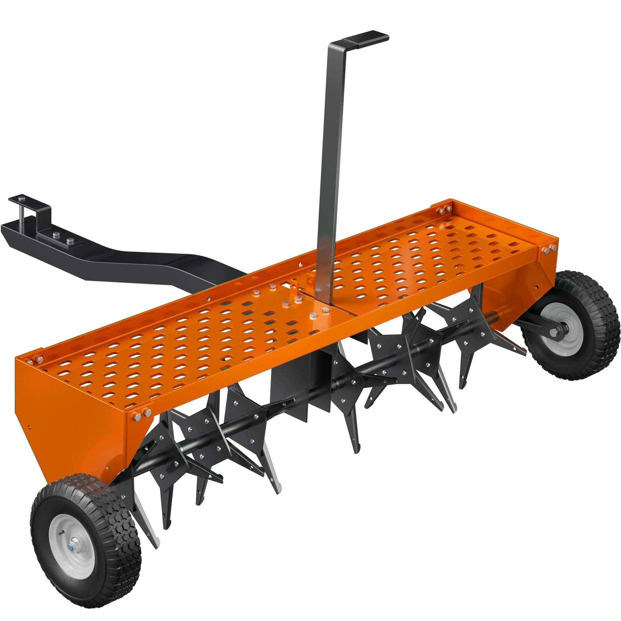 PPOLB 48" Tow Behind Lawn Plug Aerator with Universal Hich, Orange Painted Galvanized Steel with Tray and Inflatable Wheels for Garden, Farm and Lawn Plug Aerators