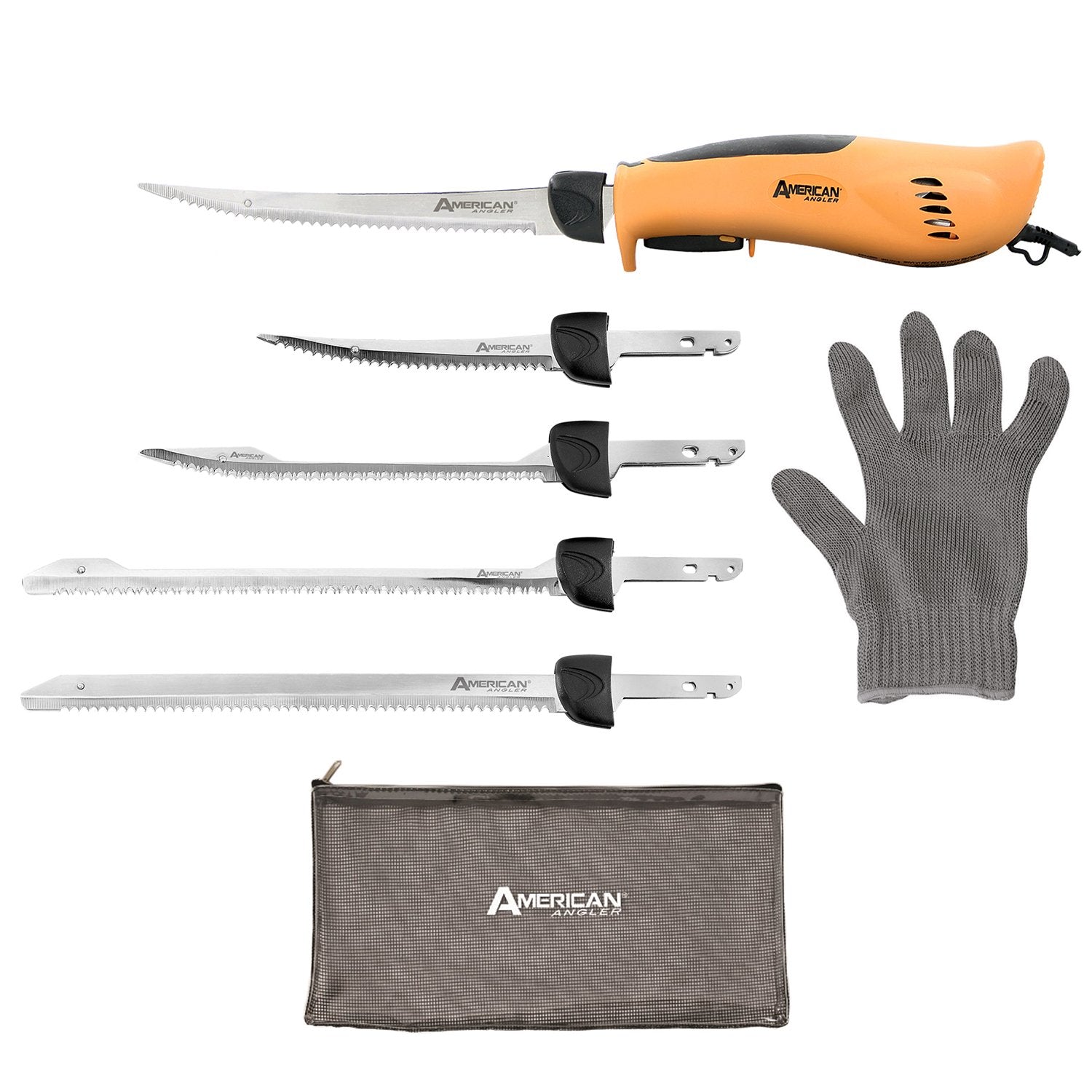 American Angler PRO Electric Fillet Knife Professional Grade Fisherman's Kit – Includes 5 Types of Stainless Steel Blades, Storage Pouch, and Protective Glove 32352DS