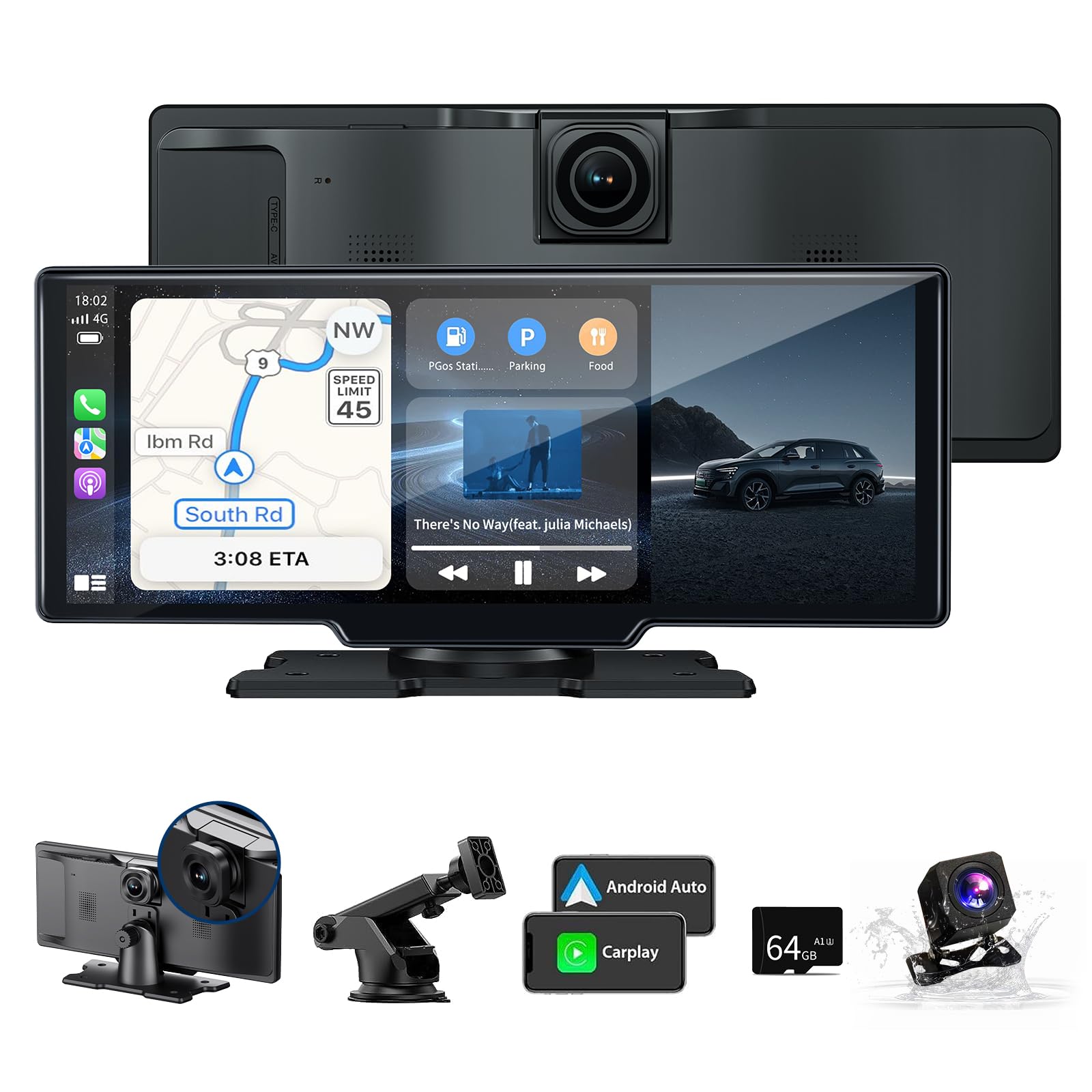 Kuayvan Wireless Carplay Screen for Car - 10.26 Inch Car Stereo Wireless Car Play & Android Auto Touch Screen, with 4K Dash Cam, Backup Camera, GPS Navigation, Voice Control,Bluetooth,Mirror Link,FM