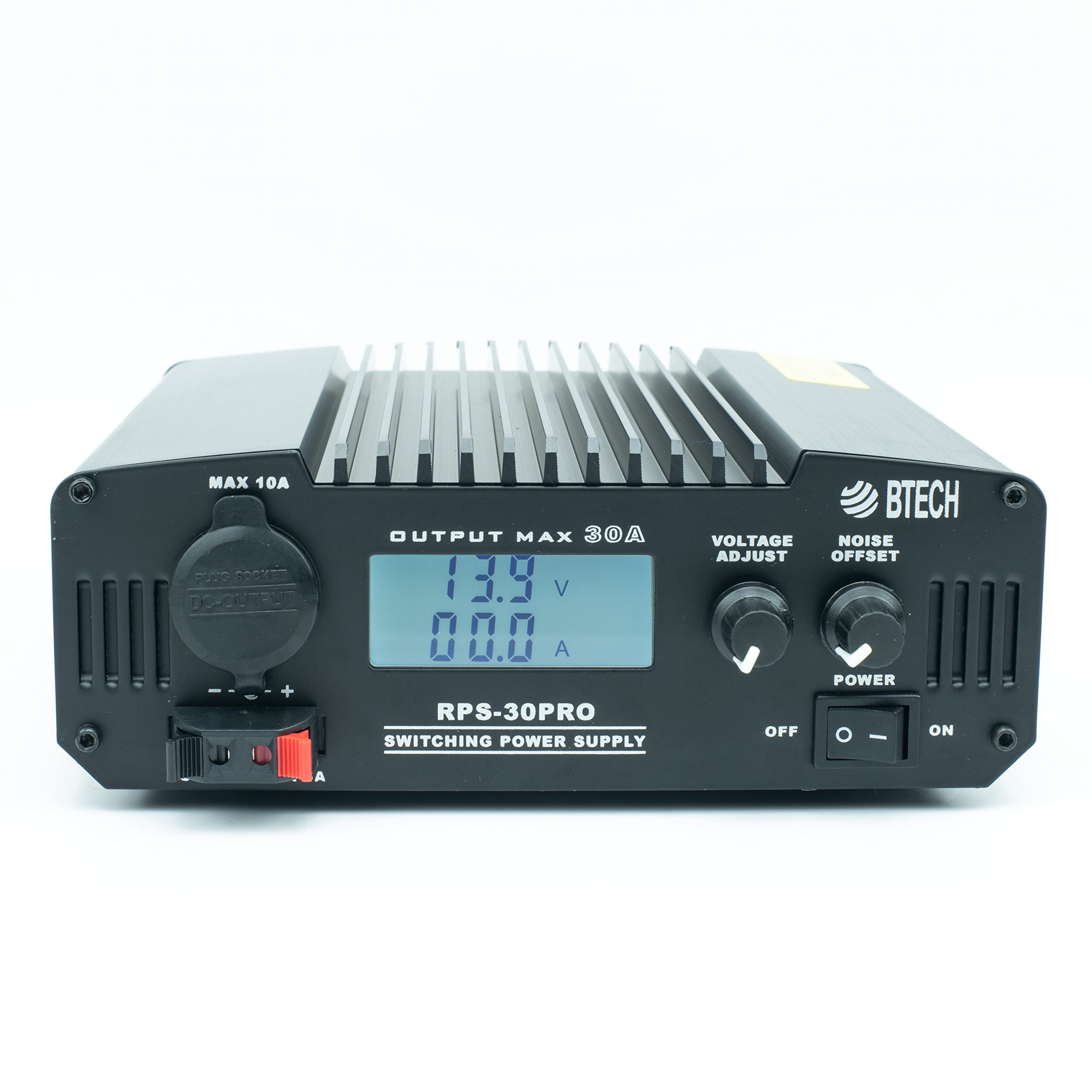 BTECH RPS-30PRO 30 Amp Regulated Universal Compact Bench Power Supply, AC-to-DC Power Convertor, 13.8V (9~15VDC Adjustable) with Noise Offset Adjustment, includes multiple power connections