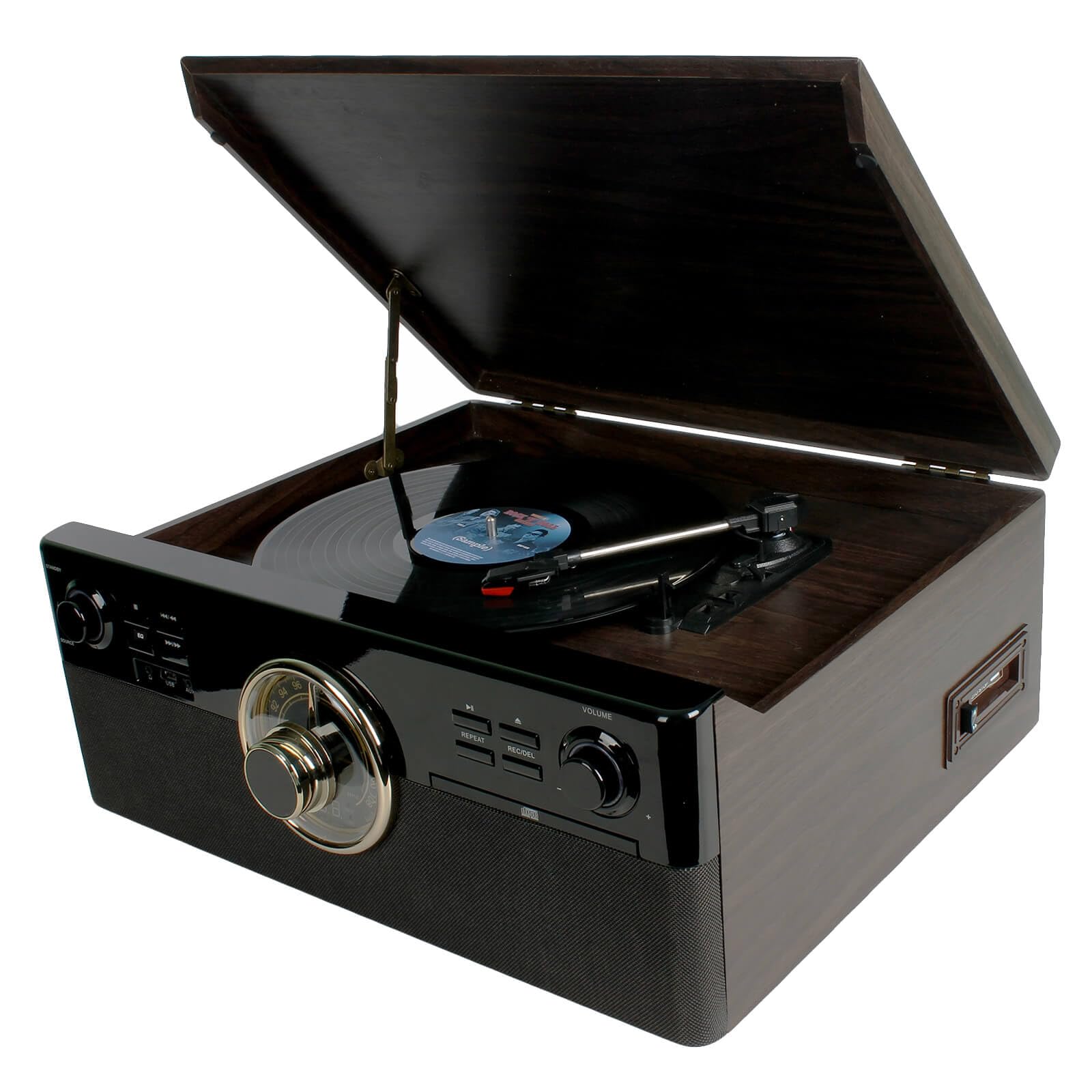 10 in 1 Bluetooth Record Player for Vinyl with Speakers, CD, Cassette Tape, FM Radio, USB Playback and Recording, Vintage Turntable with 3-Speed, Aux-in, Line-Out, Earphone Jack