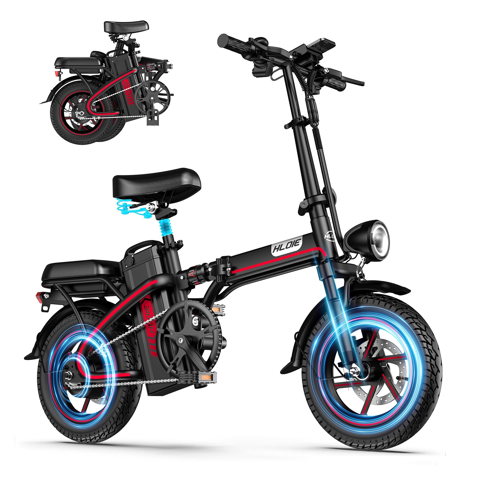 HLOIE Folding Electric Bike for Adults, 500W Motor, 25MPH Max Speed Ebikes, 48V 17AH Removable Battery, Up to 42 Miles, 14" Fat Tire, Multi-Shock Absorption Electric Bicycles for Women, Men