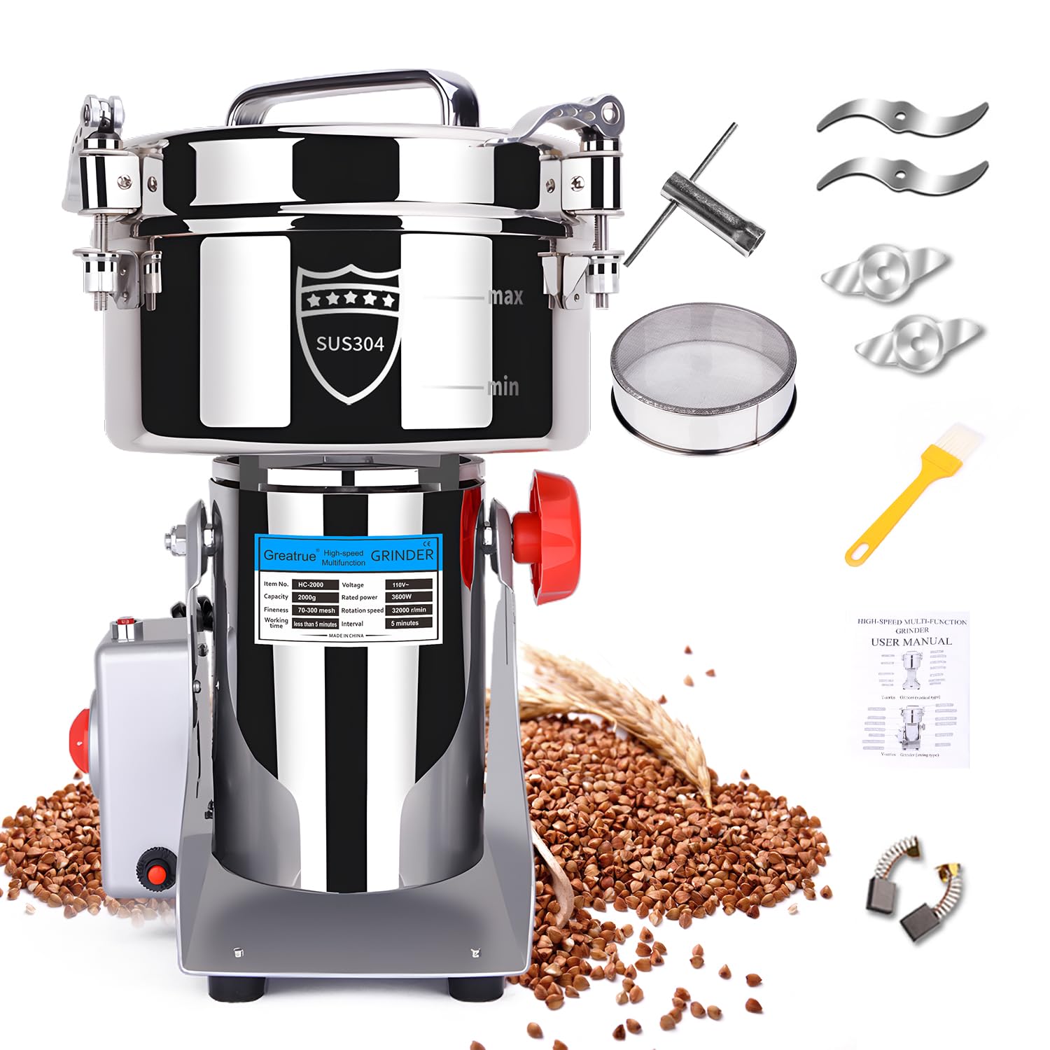 Greatrue 2000g Electric Grain Mill Grinder, 304 Stainless Steel Grain Mill, 3600W High Speed Spice Grinder, Electric Grain Mill for Dry Wheat, Oats, Corn, Pepper and Coffee Beans