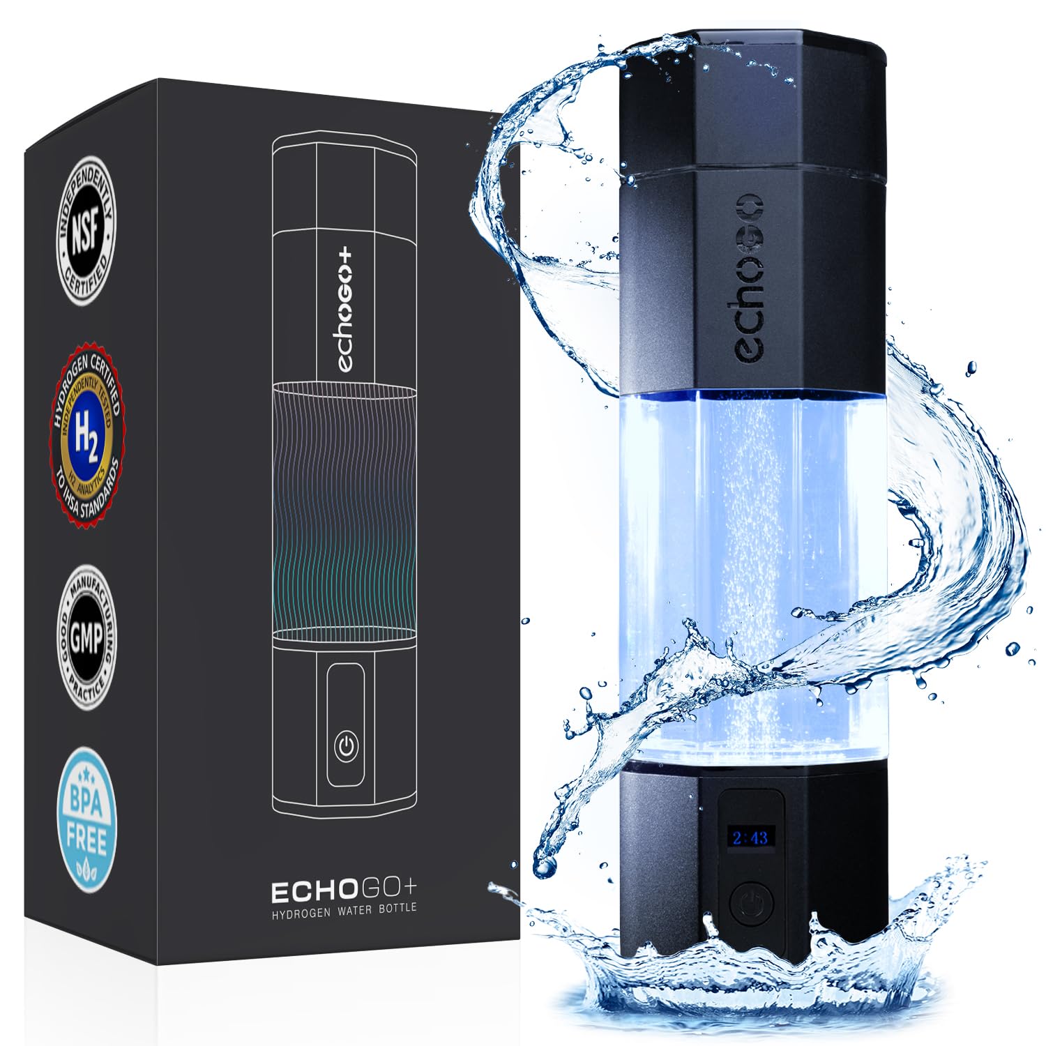 Echo Go+ Hydrogen Water Bottle - Water Ionizer Up to 4.5PPM - SPE & PEM Hydrogen Water Generator - Alternative to Hydrogen Water Pitcher