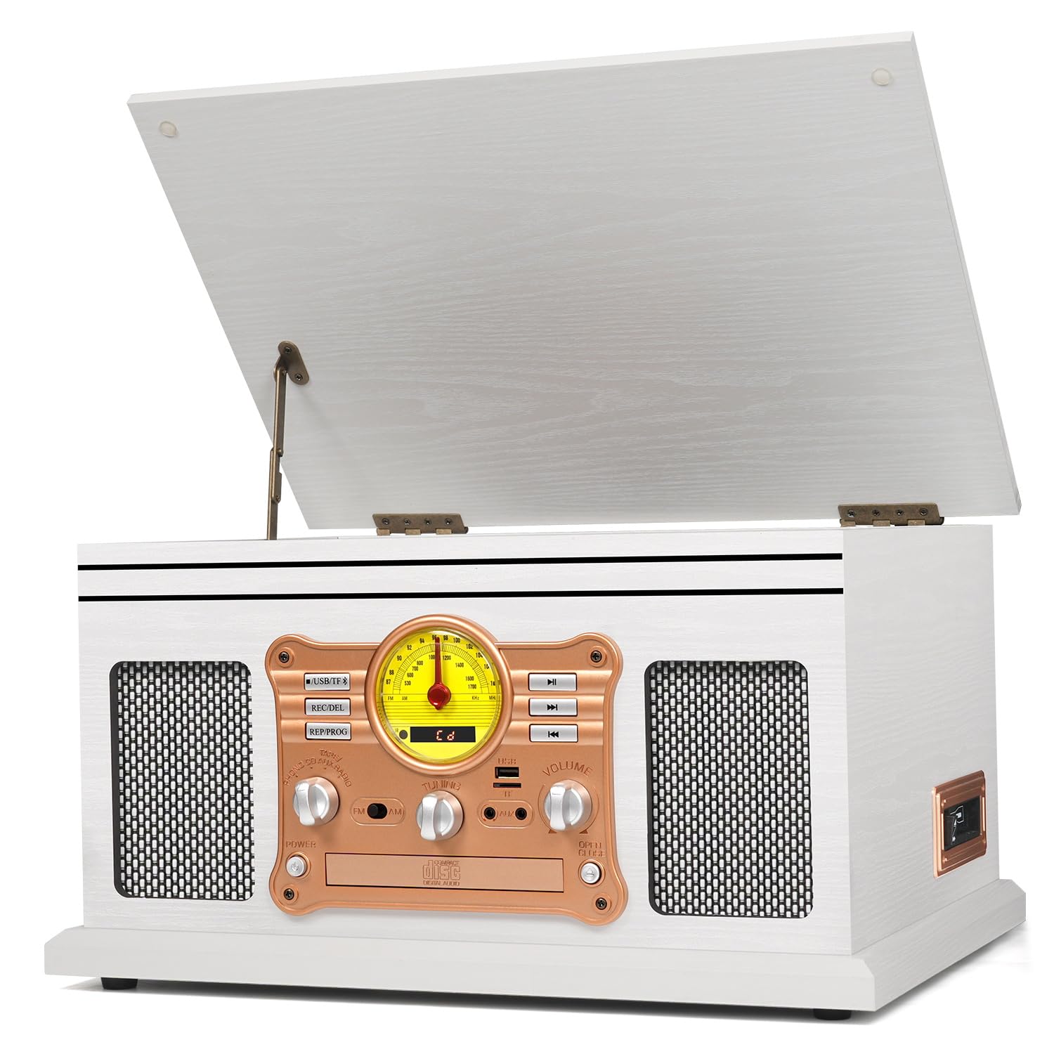 10 in 1 Vintage Bluetooth Record Player Turntable with Built-in Speakers, Vinyl Turntable CD Cassette Player & AM/FM Radio Combo Multimedia Center, USB Recording, RCA Out AUX in, White Wood
