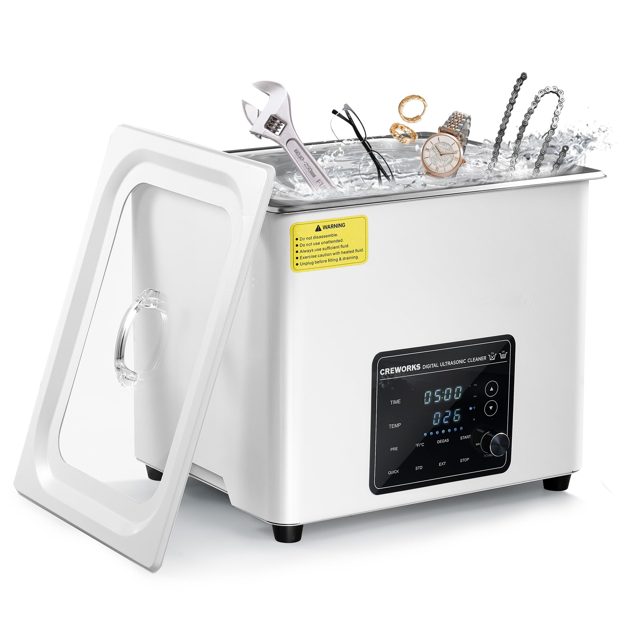 Creworks Professional 10L Ultrasonic Cleaner with Degas Mode, 7-Level Intensity Adjustment Ultrasound Cleaner, 2.6 gal Digital Ultrasonic Cleaning Machine for Tools Parts Instrument & Jewelry Glasses