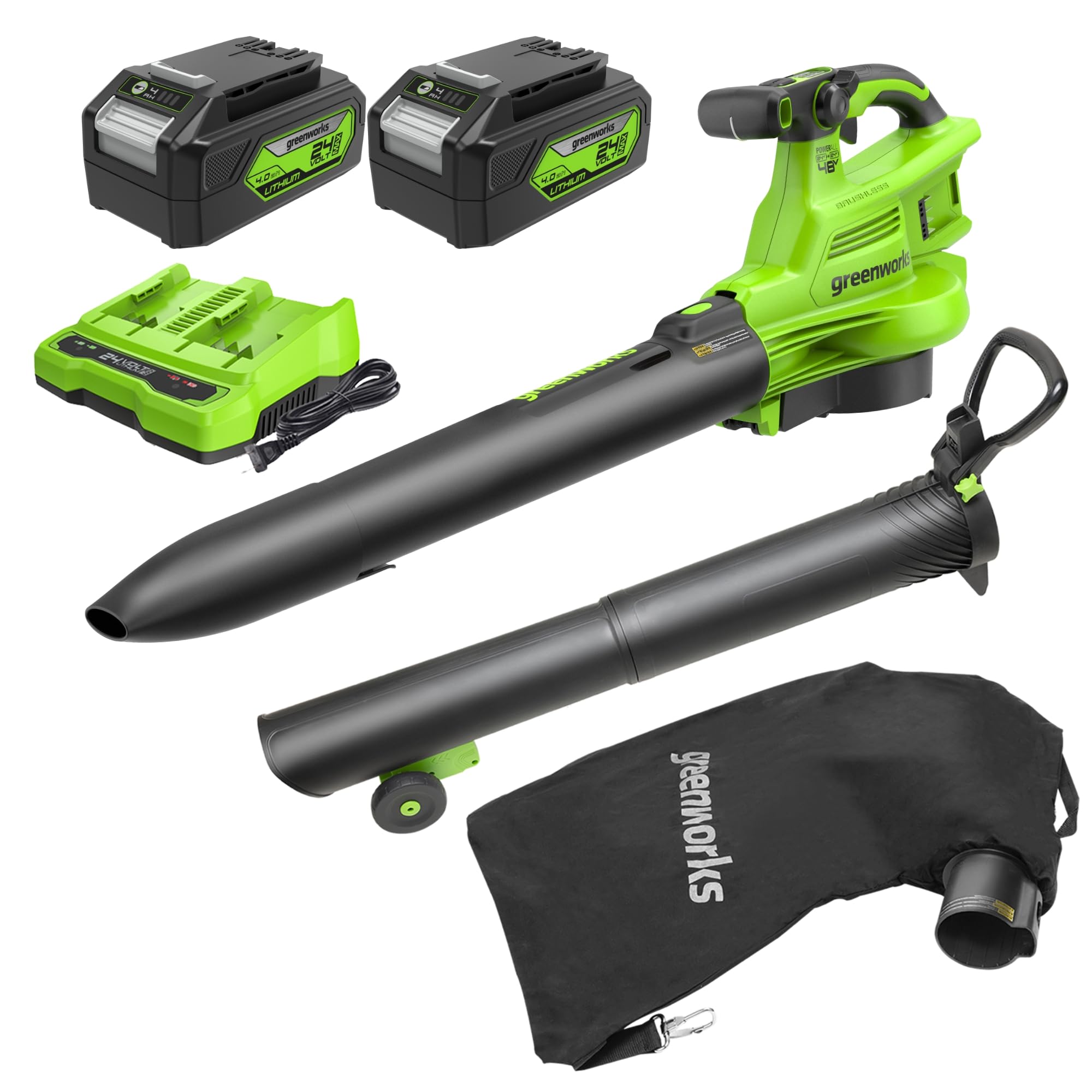 Greenworks 48V (2x24V) 520 CFM Brushless Leaf Blower/Vacuum w/ (2) 4.0Ah Battery & Dual Port Charger