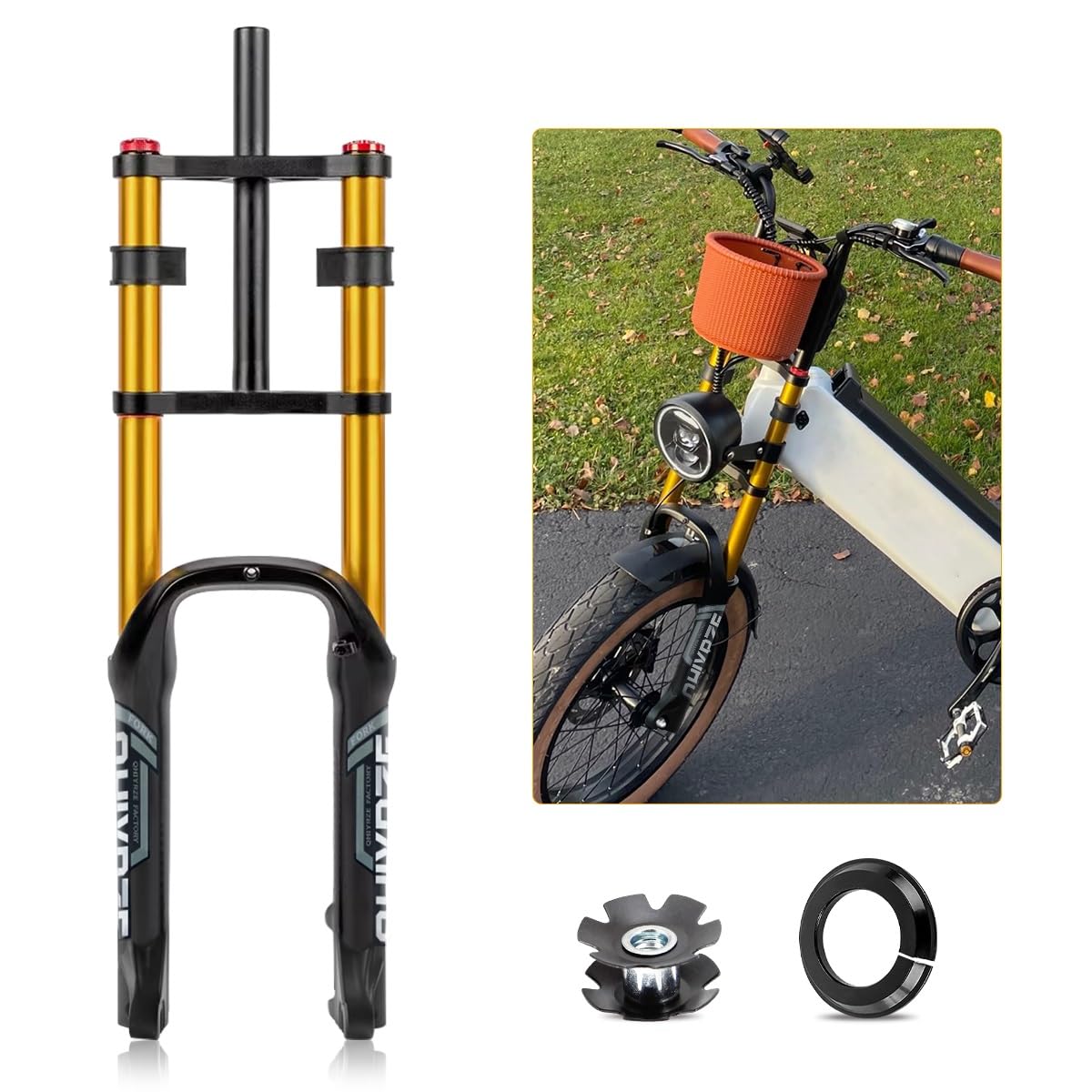 20 Inch Fat Bike Fork 4.0" Air Suspension Fork Travel 120mm E-bike Fork Rebound Adjustable 1-1/8" Straight Front Fork Double Crown Disc Brake QR 9x135mm For Fat Tires Bike Electric Bicycle(Gold)