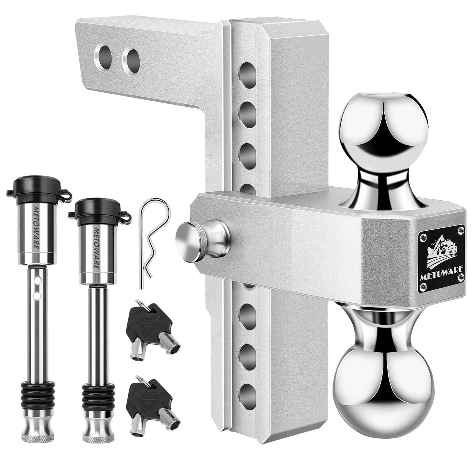 METOWARE Adjustable Trailer Hitch - Aluminum Tow Hitch Fits 2-Inch Receiver - Heavy Duty Drop Hitch with 8-Inch Drop/Rise for Truck (12,500 LBS GTW), Double Anti-Theft Stainless Steel Pin Locks