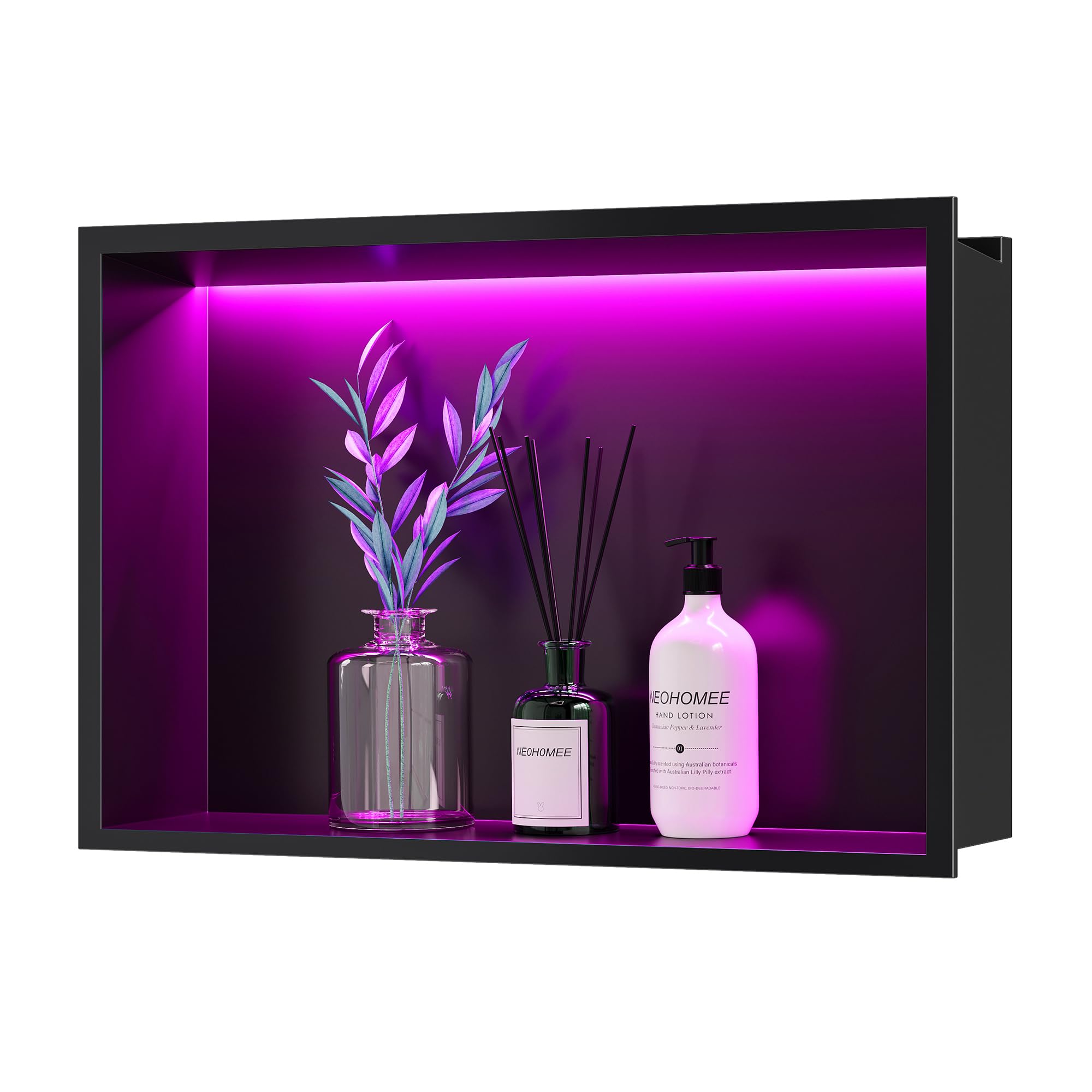 Neohomee RGB LED Light Shower Niche, Matte Black 18X12 in Stainless Steel Wall Niche with Remote Control, Waterproof No Tile Needed Wall Niche for Bathroom Storage Built-in Installation