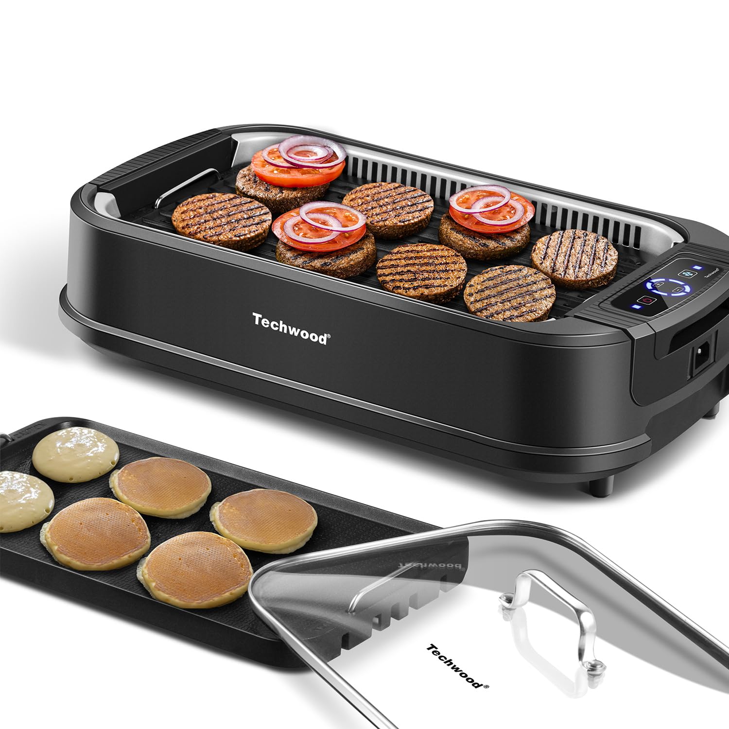 Indoor Smokeless Grill, Techwood 1500W Electric Indoor Grill with Tempered Glass Lid, Portable Non-stick BBQ Korean Grill, Turbo Smoke Extractor Technology, Drip Tray& Double Removable Plate, Black