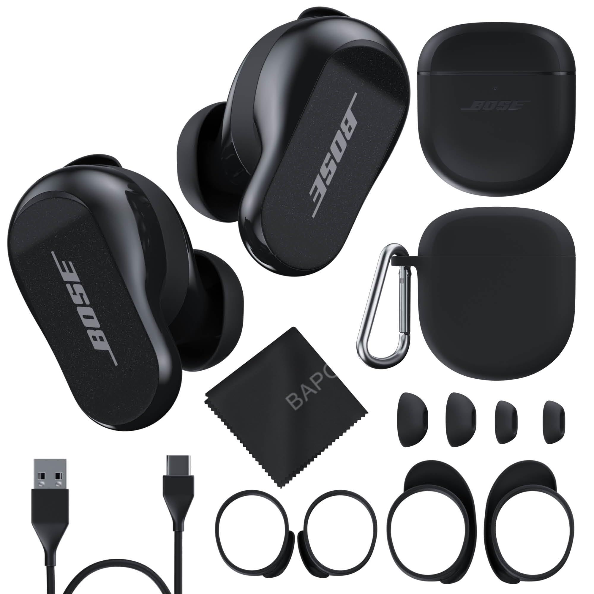 Bose QuietComfort Earbuds II Bundle with Protective Silicone Carrying Case and Cloth - Active Wireless Noise Cancelling in-Ear Bluetooth Headphones with Personalized Sound, Bose Earbuds 2 (Black)
