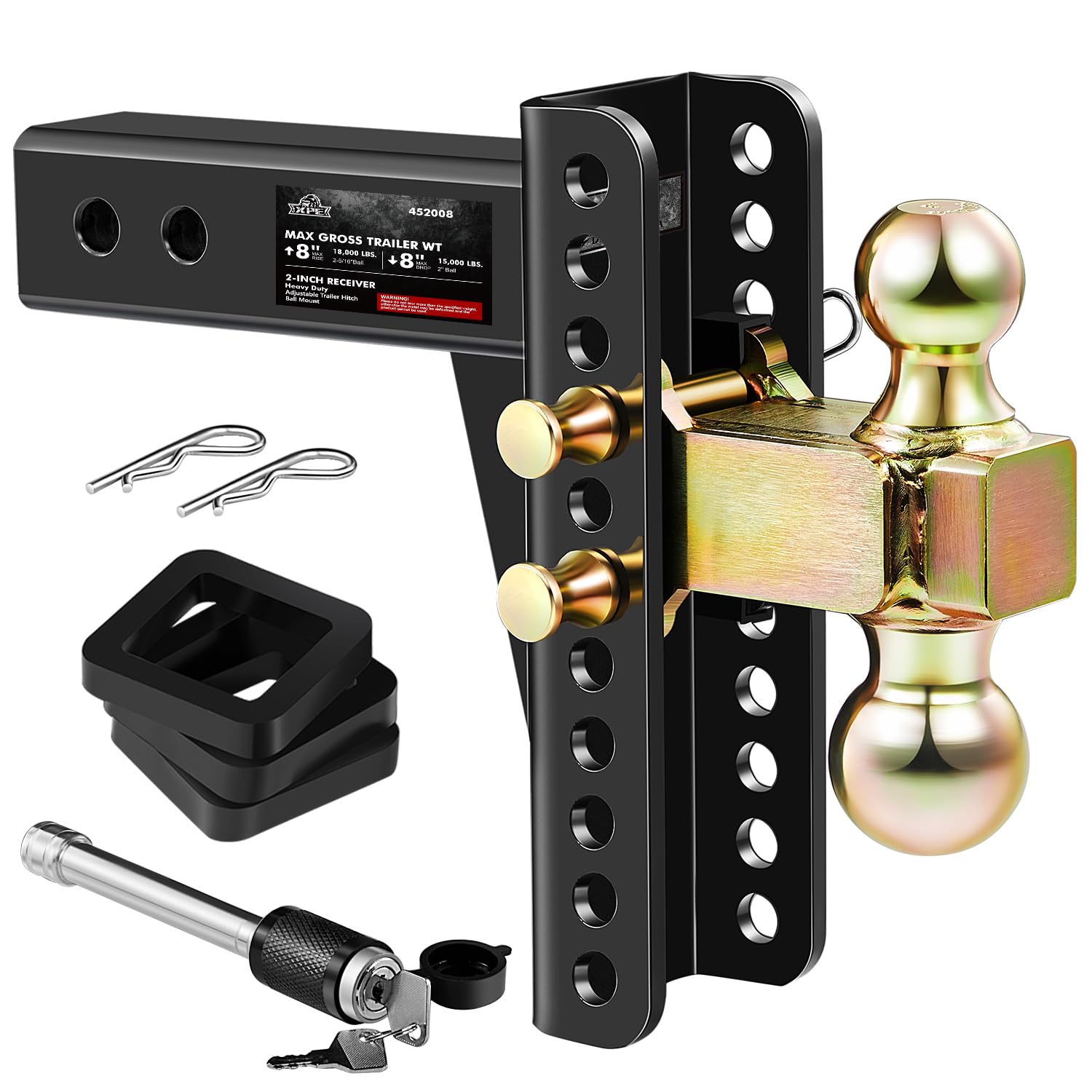 Adjustable Trailer Hitch, Fits 2.0-Inch Receiver, 8-Inch Drop/Rise,2" & 2-5/16" Ball Hitches for Trucks, 18,000 LBS GTW - Receiver Hitch with Anti-Theft Pin, Solid Ball Mount, BLK,X-452008