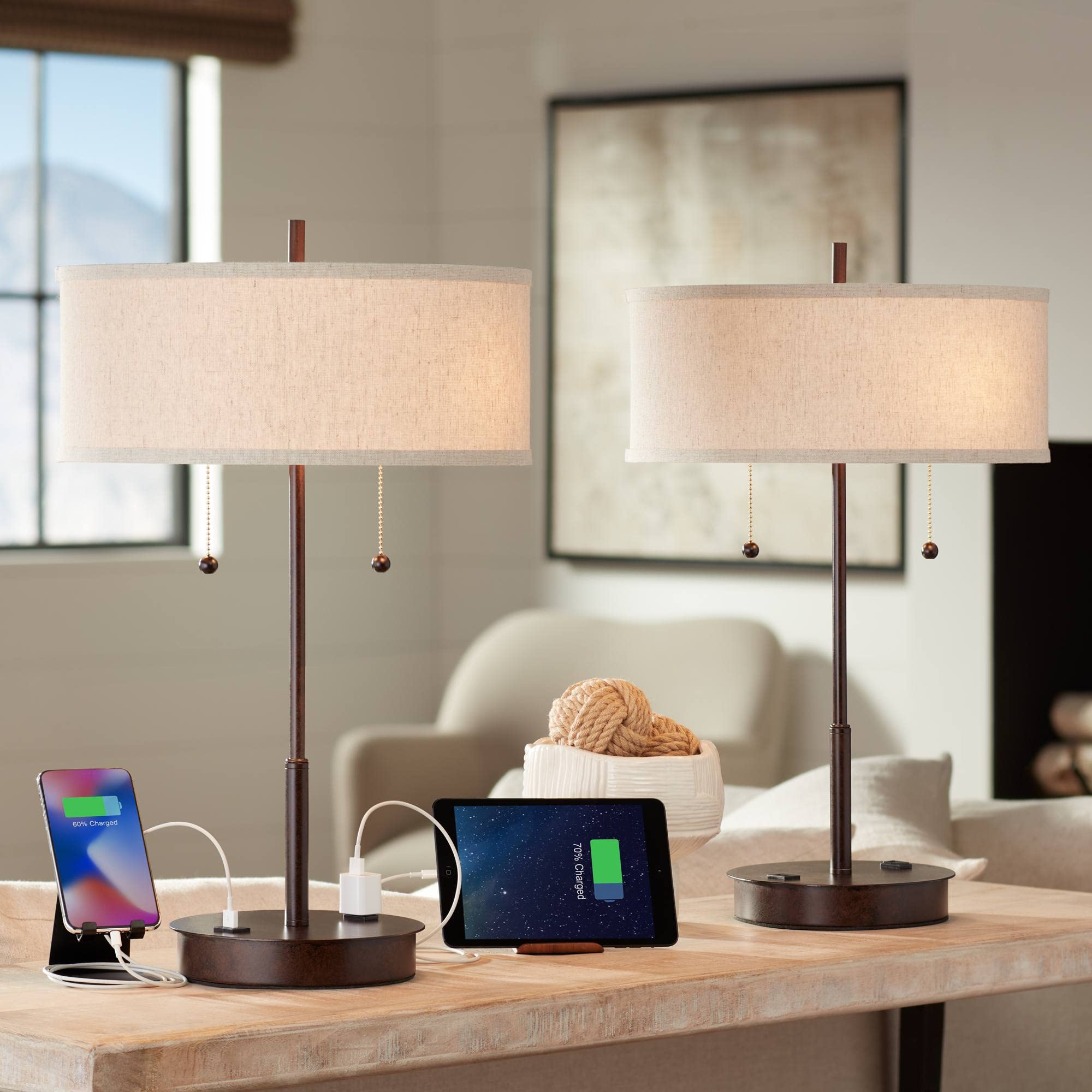360 Lighting Nikola Modern Accent Table Lamps 23.5" High Set of 2 with Hotel Style USB and AC Power Outlet in Base Bronze Slim Fabric Drum Shade for Living Room Desk Bedroom House Bedside