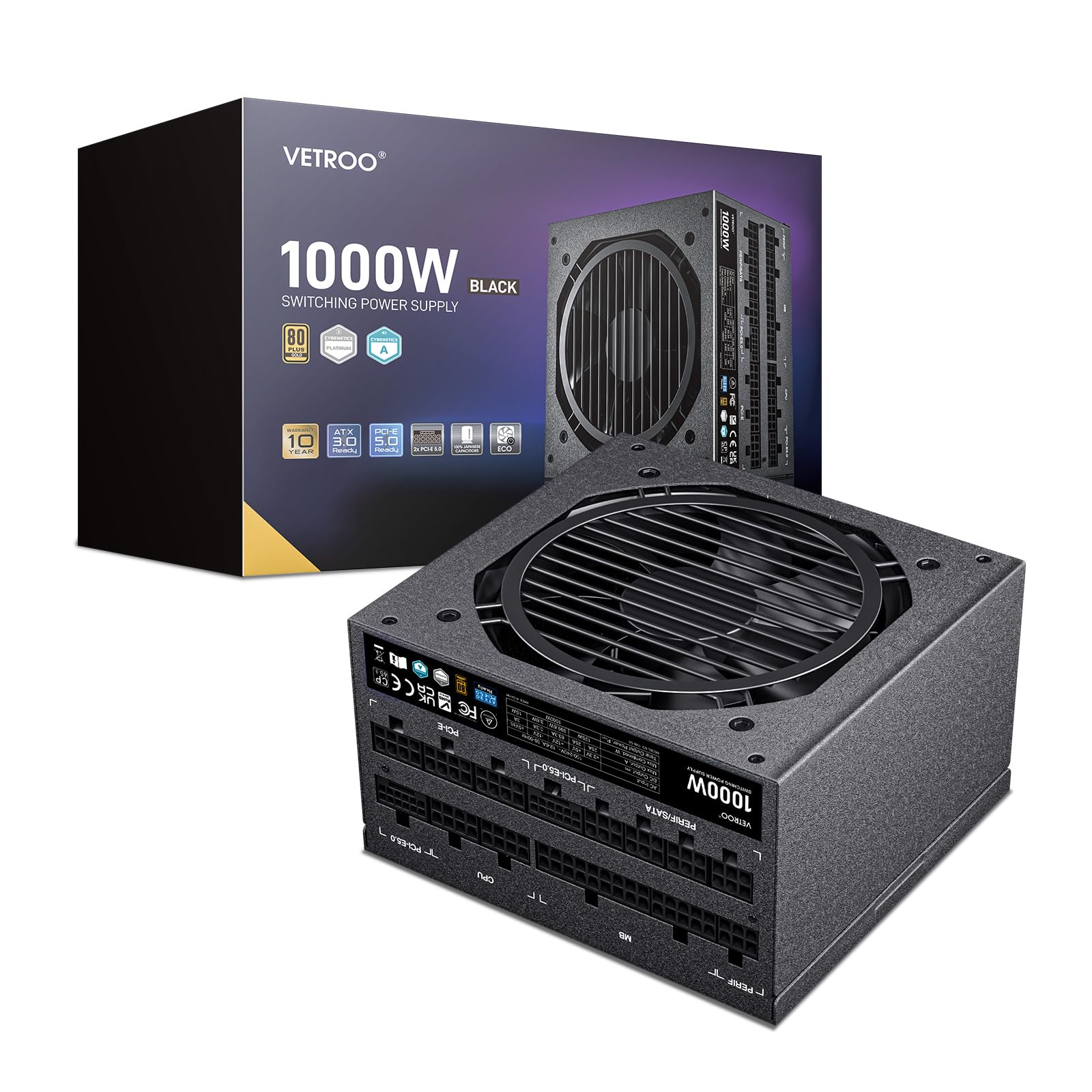 Vetroo 1000W Pink Power Supply ATX 3.1 Ready Dual PCIe 5.1, 80 Plus Gold Full Modular, Japanese 105°C Capacitors, Eco Mode with 120mm FDB Fan, Compact Size, 10 Year After-Sales Service