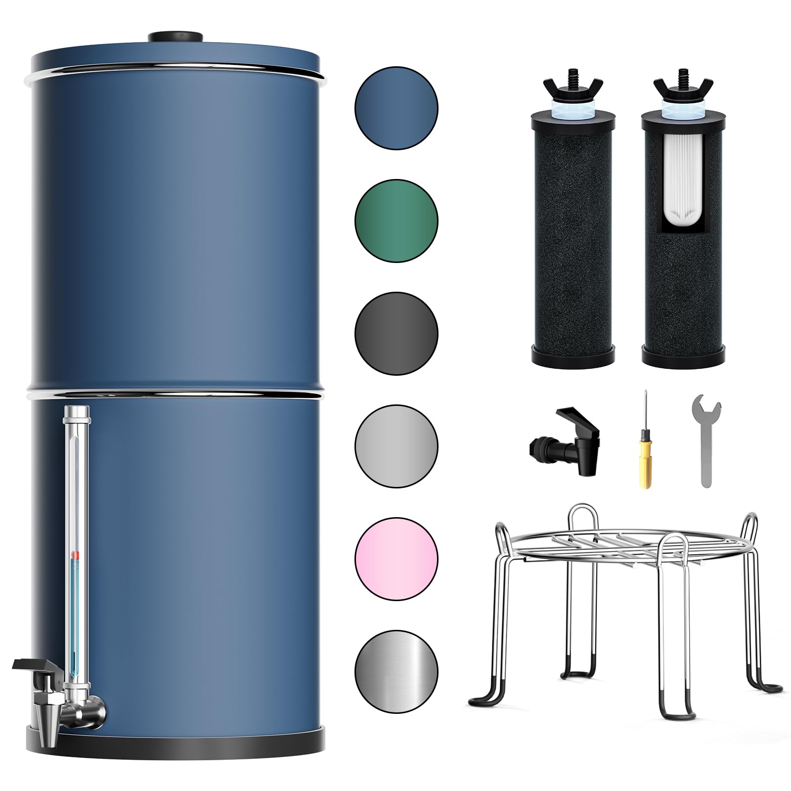 Purewell 3-Stage 0.01μm Ultra-Filtration Gravity Water Filter System, 304 Stainless Steel Countertop System with 2 Filters, Metal Water Level Spigot and Stand, Reduce 99% Chlorine, 2.25G, PW-OB-K