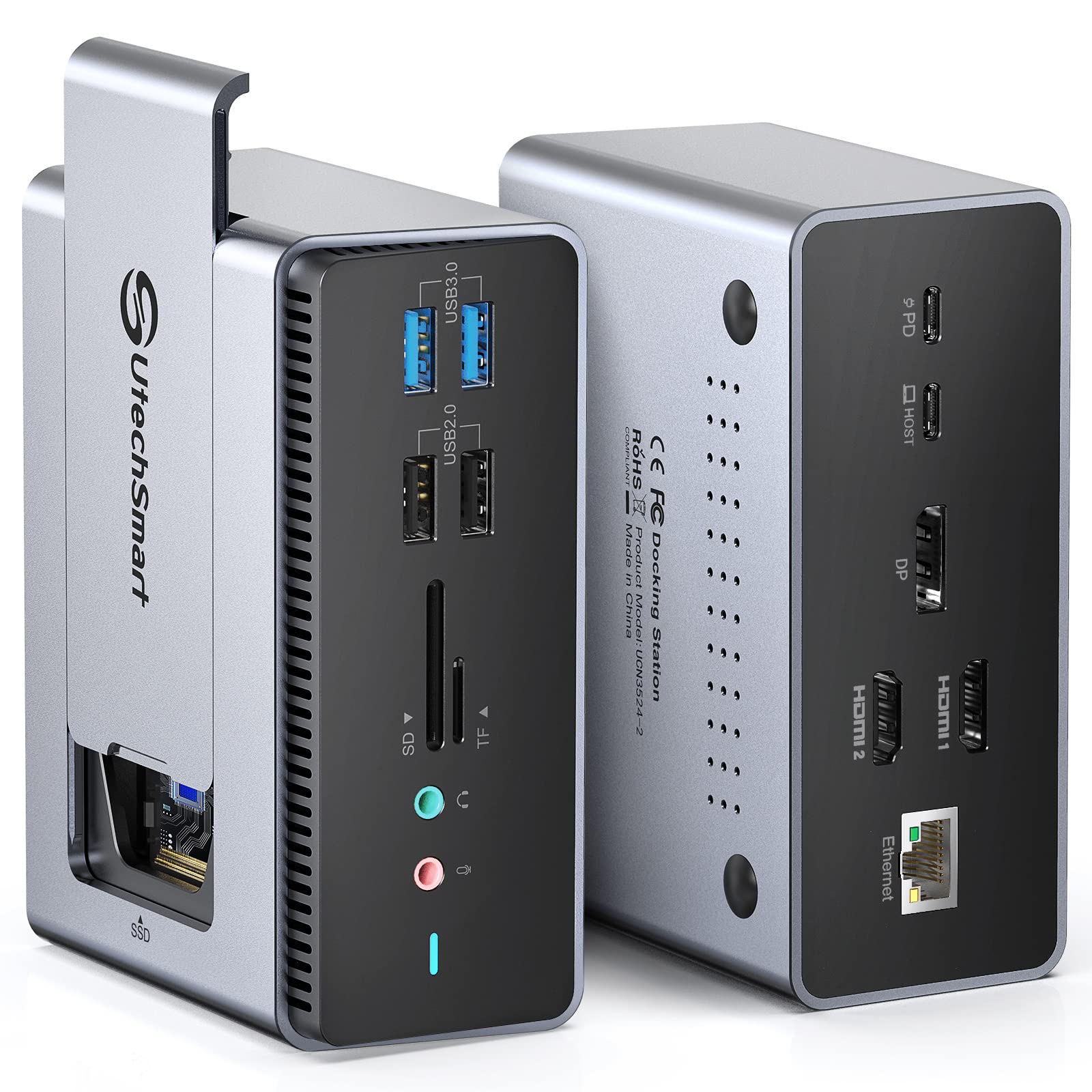 UtechSmart Docking Station with SSD Enclosure,15 in 1 Triple Monitors USB C Docking Station Hard Drive,Compatible with macOS&Windows (2*HDMI,DP, PD3.0,SD/TF,RJ45,Audio&Micro,USB Ports)