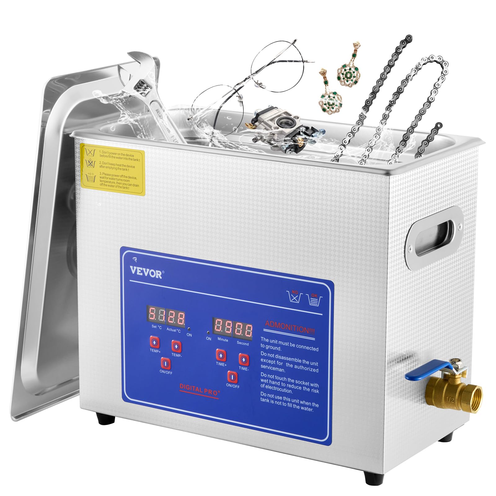 VEVOR Ultrasonic Cleaner with Digital Timer & Heater, Professional Ultra Sonic Jewelry Cleaner, Stainless Steel Heated Cleaning Machine for Glasses Watch Rings Small Parts Circuit Board (6L)