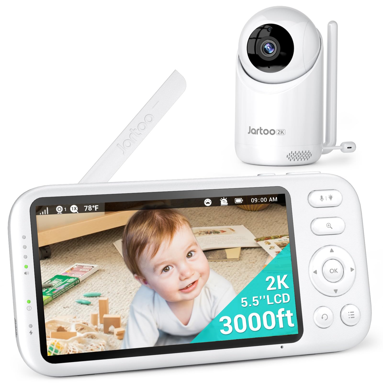 Jartoo 2K Video Baby Monitor with Camera and Audio, 3000ft Long Range Baby Monitor No WiFi 5.5" FHD Screen ANC Baby Camera Wireless, Room, Portable, Night Vision, 2-Way Talk, AI Cry Detect, 6000mAh