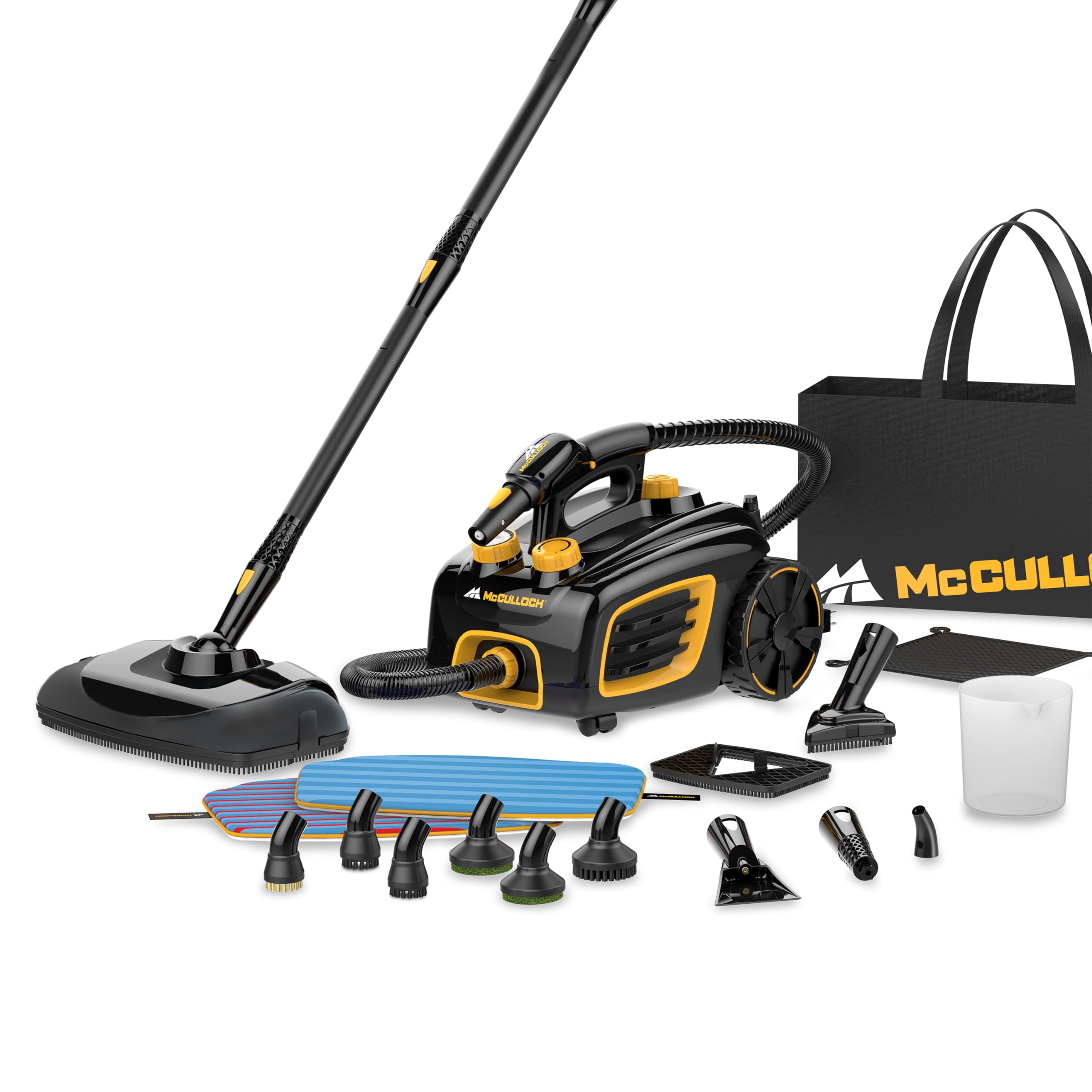 McCulloch Canister Steam Cleaner MC1375, 90 Minute Runtime, 20 Accessories: Jet Nozzle, Brushes, & More - Built for Home, Tile, Grout, Carpet, Furniture, Car Detailing, & Commercial Deep Cleaning