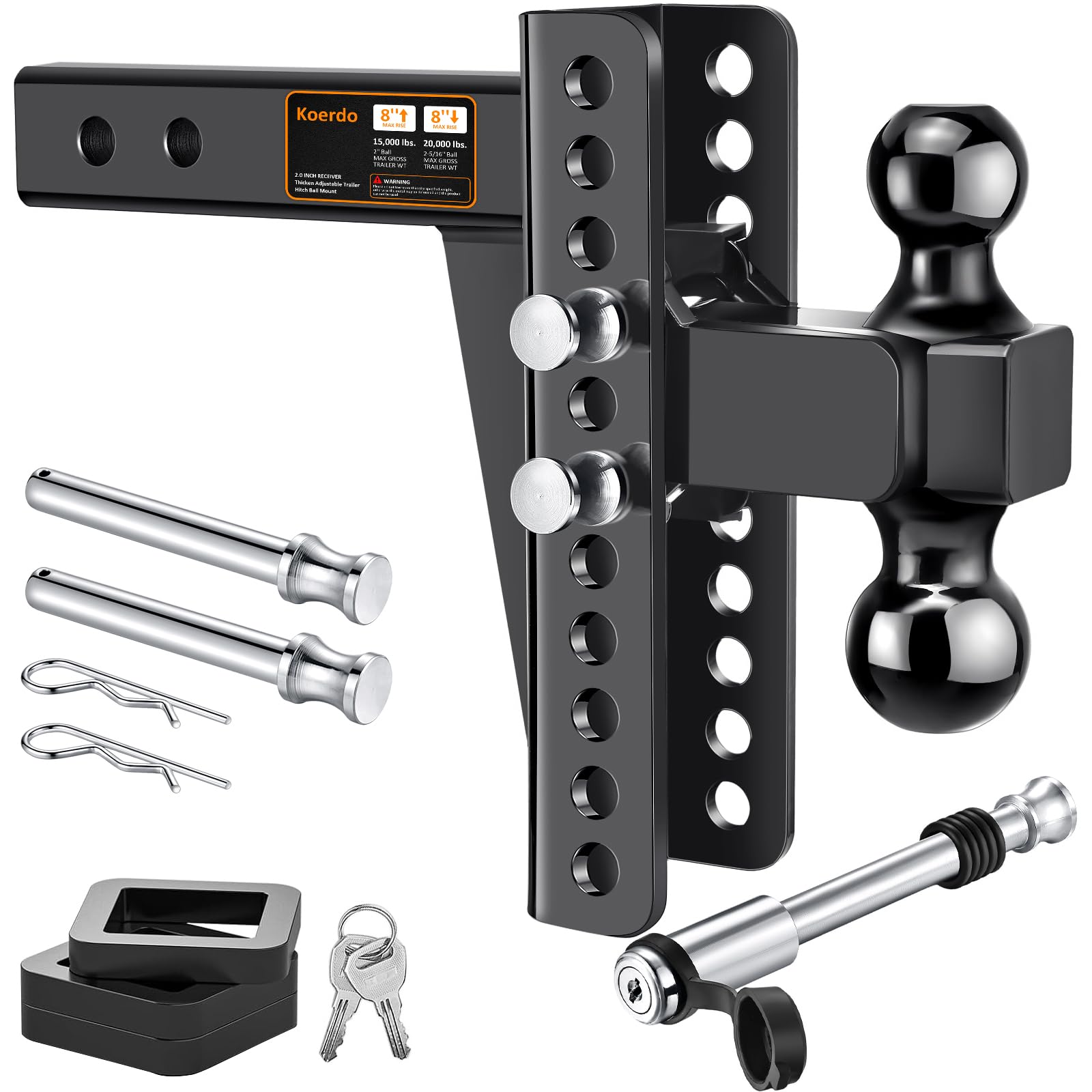 Adjustable Trailer Hitch -Drop Hitch-Tow Hitch Fits 2 inch Receiver-8inch Drop/Rise, 2" & 2-5/16" Ball Hitches for Trucks, 20,000 LBS GTW, Trailer Hitches with Anti-Theft Pin, Black