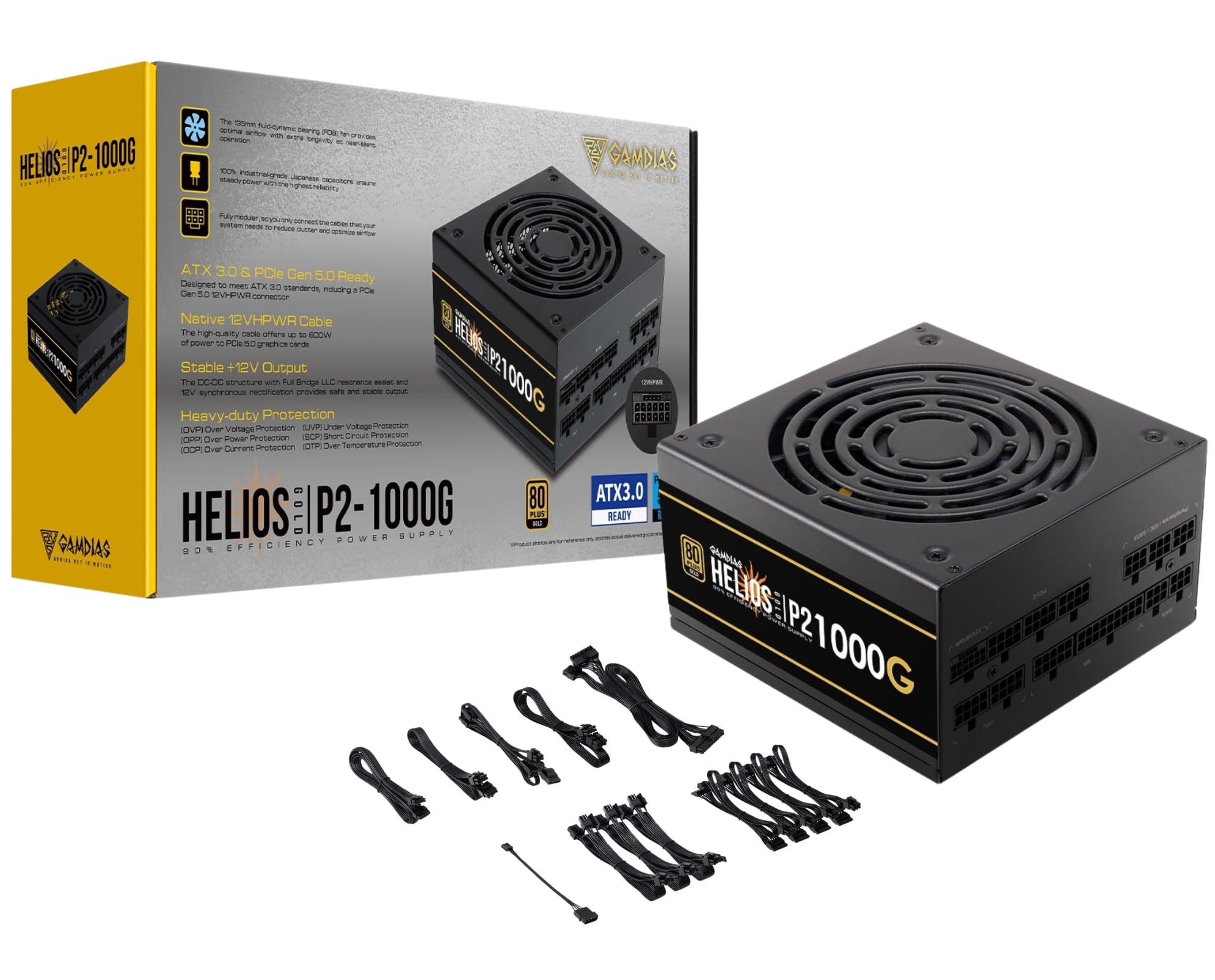 GAMDIAS PCIe 5.1 & ATX3.1 Gold 1000W Power Supply for GeForce RTX 5000 Series, 1000W Fully Modular ATX 80 Plus Gold Computer PSU for Gaming PC Desktops, Low-Noise Fan, HELIOS P2-1000G