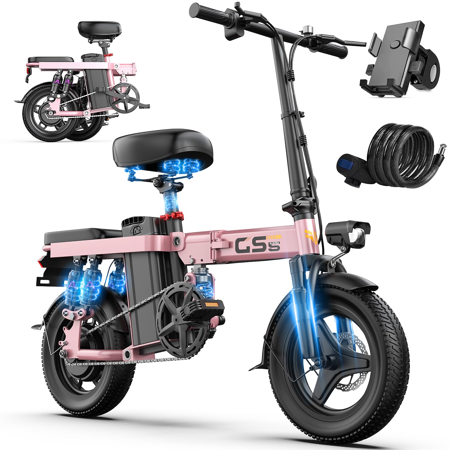 Electric Bike for Adults,740W Motor & 32 Mile Range & 25 MPH Speed & 30° Uphill,Electric Bicycles with Dual Brakes & 6-Shock Suspension, 14'' Fat All-Terrain Tire Folding Electric Bike for Men Women