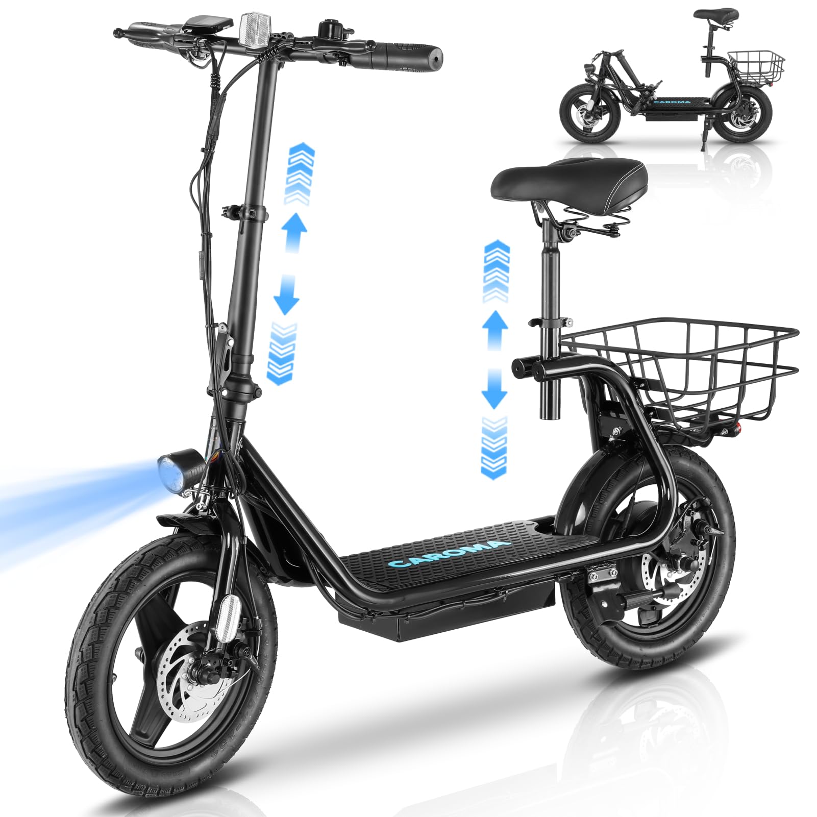 Caroma Electric Scooter with Seat, 560W/819W/1200W Peak Motor, 15/25/30 Miles Range, 20Mph Top Speed, Foldable Electric Scooter for Adults