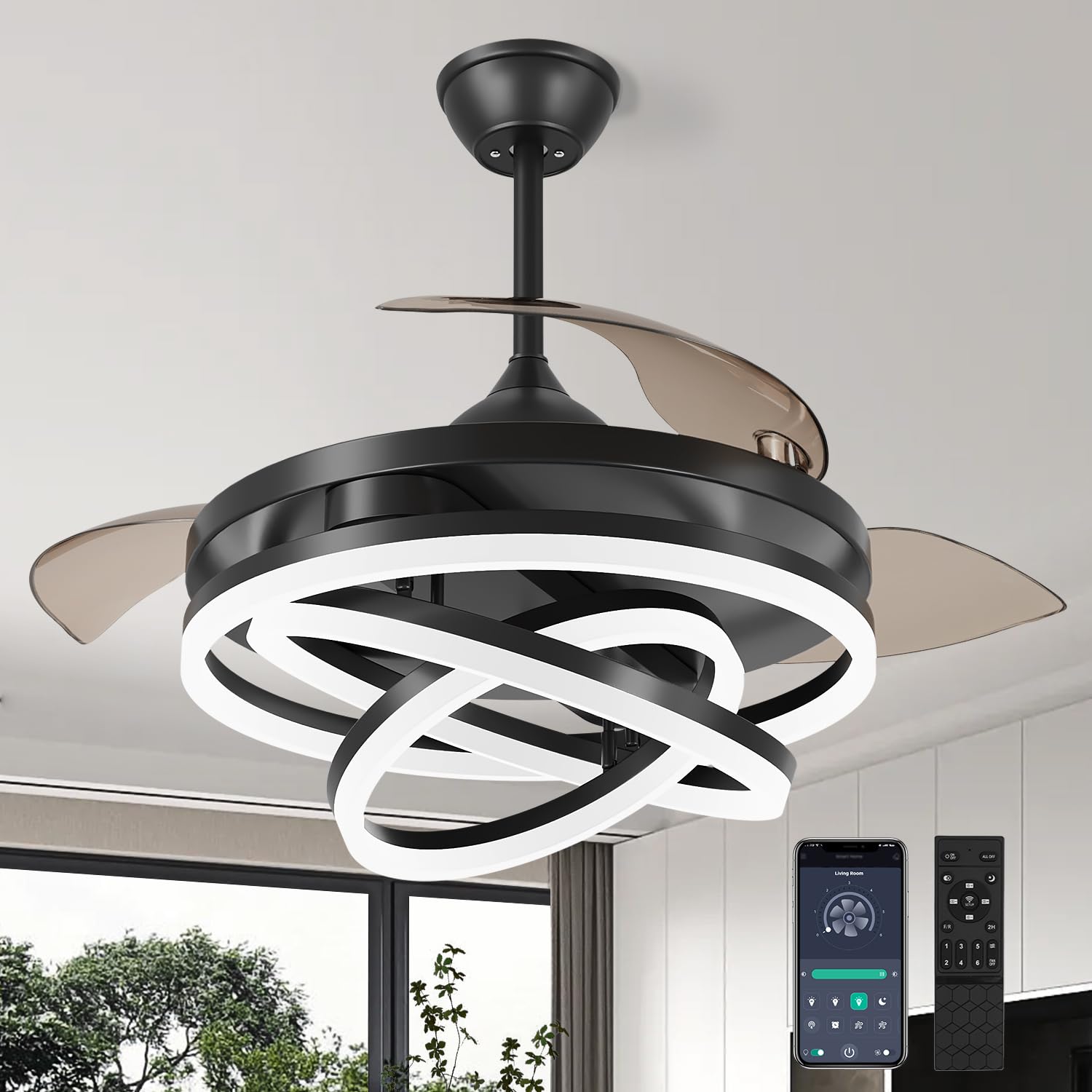 TXCSLY Retractable Ceiling Fan, 42 Inch Chandelier Ceiling Fan with Light, Modern Fandelier Ceiling Fan for Bedroom Living Room Dinning Room, Reverse Motor, 3 Color Temperature, 6 Wind Speed, Black