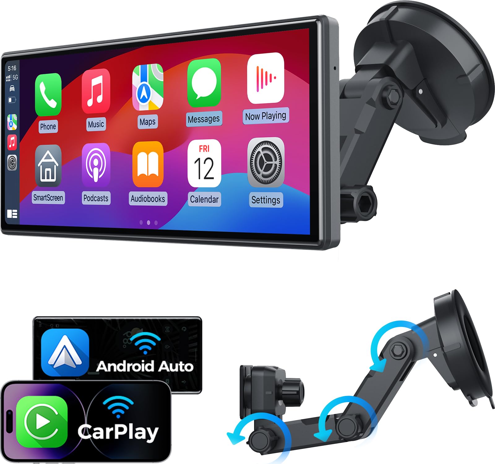 JATAZA 10.26" Wireless Apple Carplay Screen for Car, Secure Strong Bracket, Portable Apple CarPlay& Android Auto Car Stereo with GPS Navigation, Bluetooth, Mirror Link, Voice Control,Fits All Vehicles