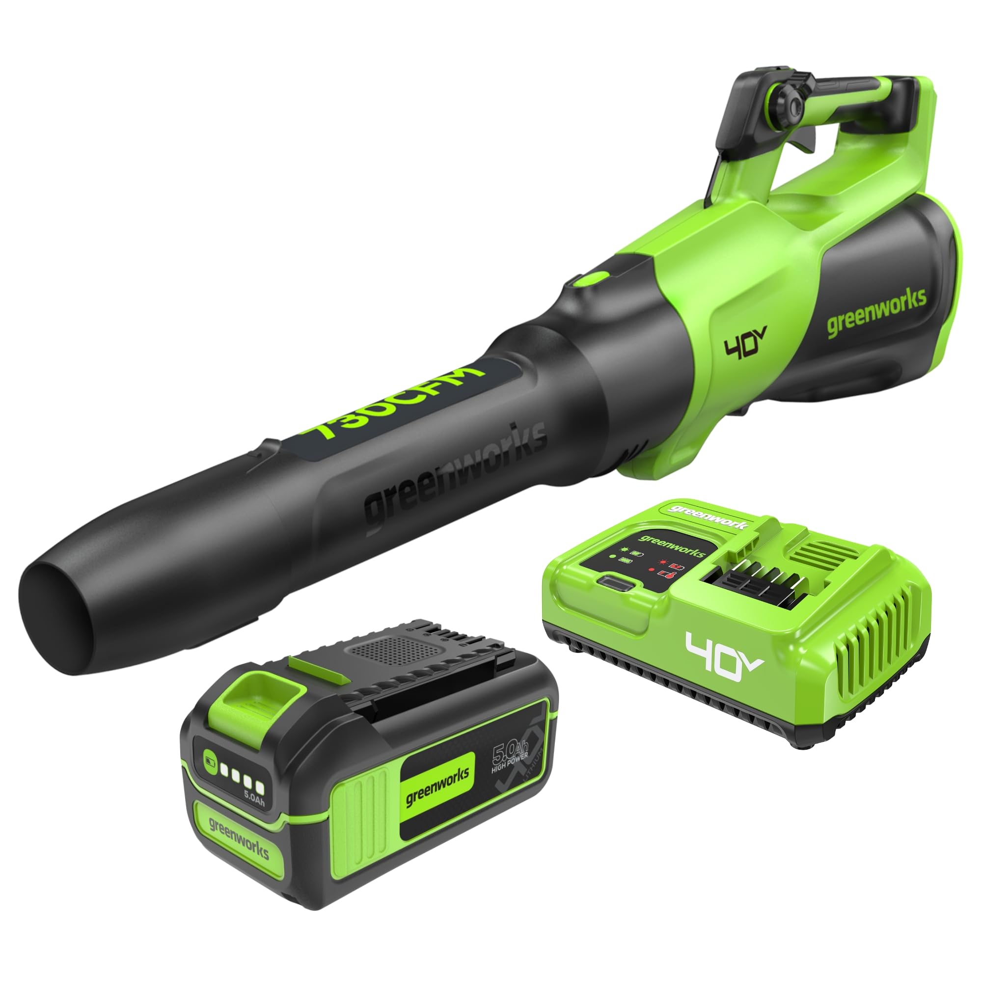 Greenworks 40V (730 CFM / 190 MPH) Cordless Leaf Blower with High Power Brushless Motor, Lightweight Backyard Cleaner for Fast Debris Removal, Includes 5.0Ah Battery & 5A Rapid Charger
