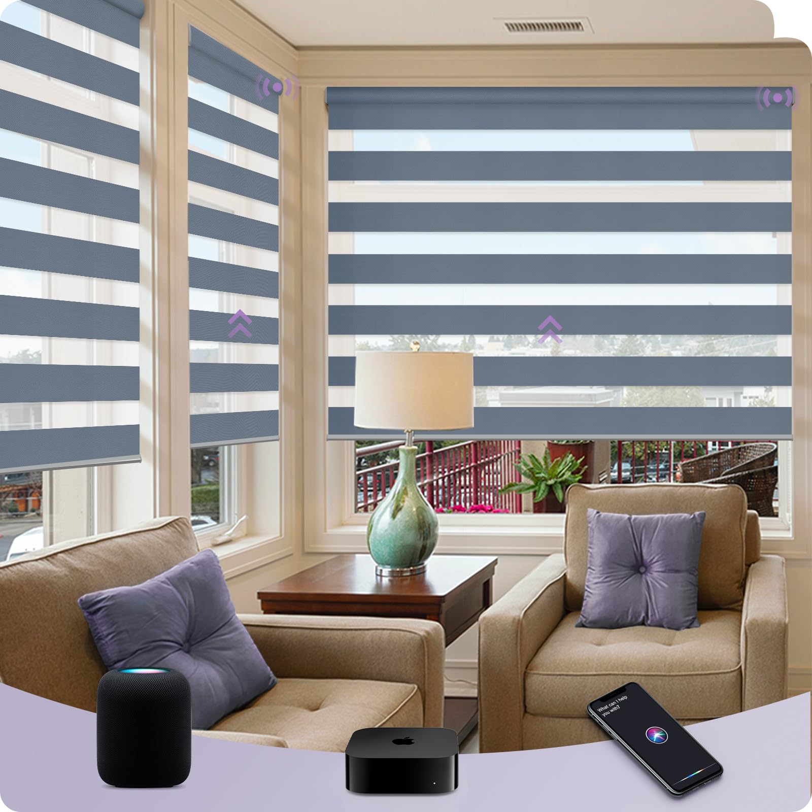Graywind HomeKit Smart Zebra Blinds Eve Powered Siri Voice Home App Rechargeable Motorized Dual Layer Blinds Privacy Light Control, Custom Size (Luxury Blue Grey)