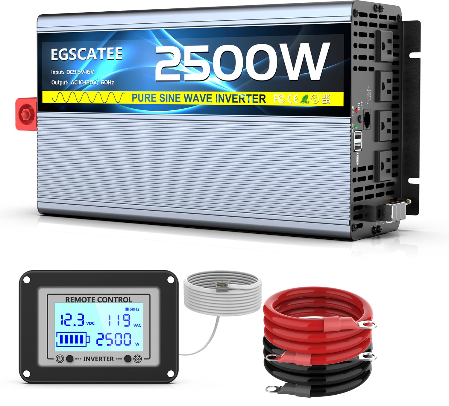 12V 2500W Pure Sine Wave Inverter 12V DC to 110V/120V AC Converter with 4AC Outlets, 5V/3.4A USB, Remote Control with on-Screen Display, Off-Grid Solar Power Inverter for Truck, Home, Vehicles, RV
