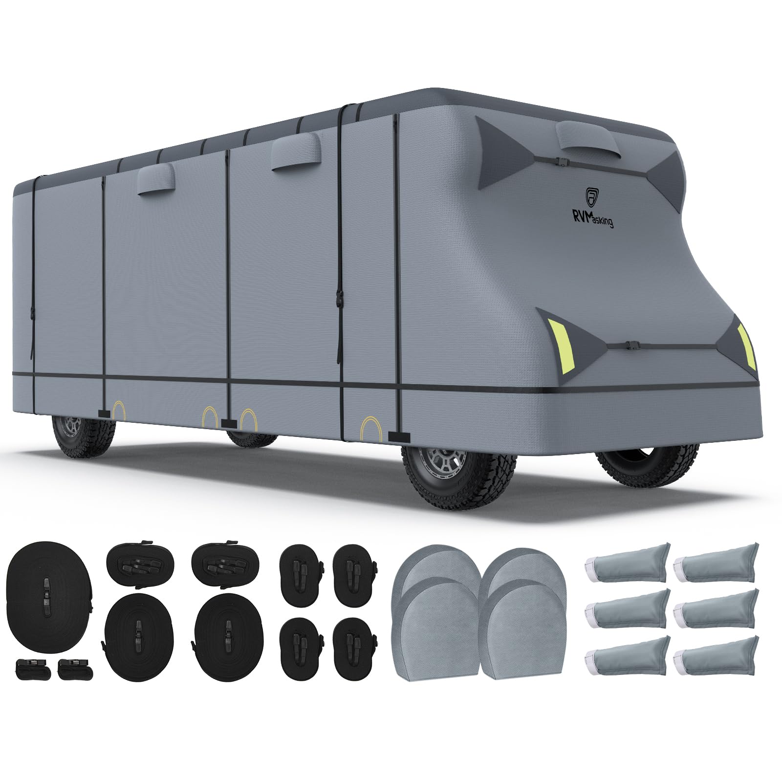 RVMasking 7 Layers Top Class C RV Cover for 23'1"-26' Motorhome Heavy Duty Windproof Rip-Stop Anti-UV with 4 Tire Covers & Gutter Spout Cover