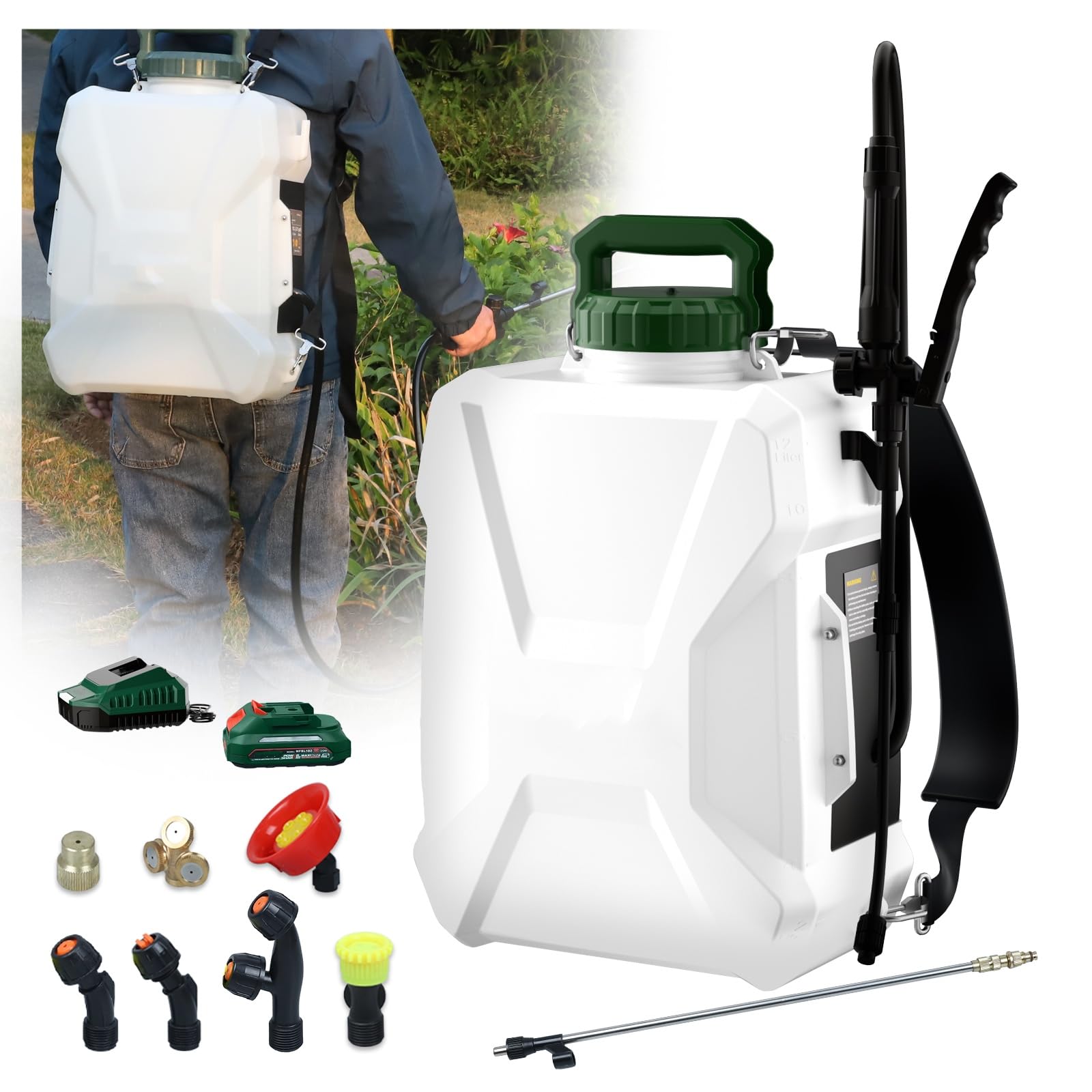 3Gal Battery Powered Backpack Sprayer Compatible with Makita 18V Battery, 55PSI Electric Garden Sprayer w/ 18V 2.0Ah Battery, 7Nozzles, 2 Wands, Backpack Weed Sprayer for Lawn, Cleaning