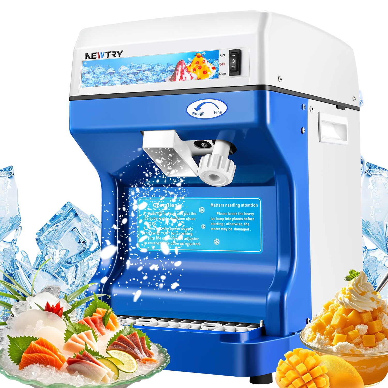 NEWTRY Commercial Ice Shaver Machine Electric Ice Cube Crusher Snow Cone Maker with Aluminum Alloy Blade Thickness Adjustable 260lb/h for Small Ice Cubes Summer Parties Bar Use 110V US