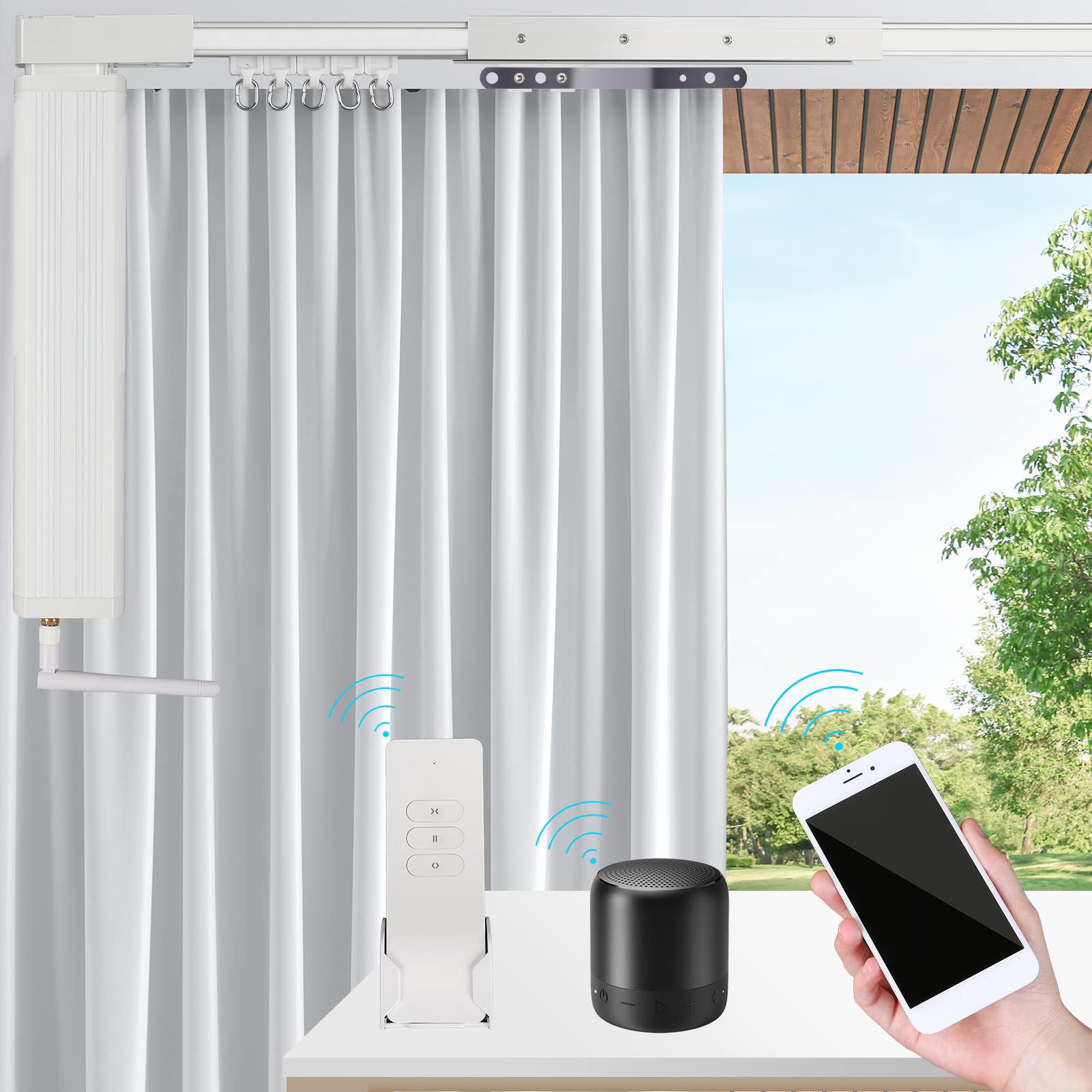Smart Curtain Tracks WiFi Control by Phone, Support Voice Control for Alexa, Google Home, Tuya App Remote Automated Curtain Smart Curtains Opener Motorized Curtains Rods with Remote Control (125'')