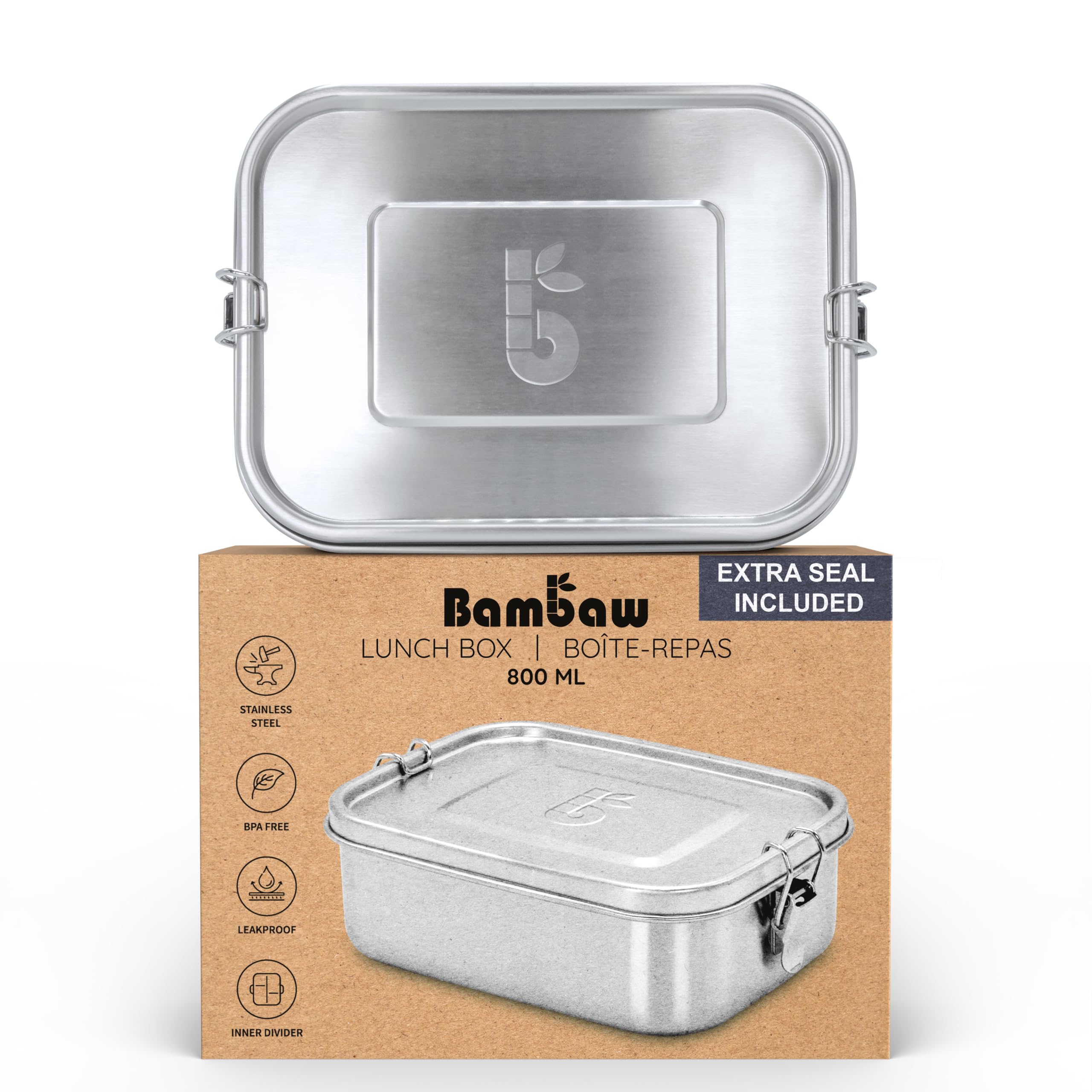 Bambaw Stainless Steel Bento Box | Adjustable Compartment Kids Metal Lunch Box | Stainless Steel Lunch Box For Kids | 27oz Metal Container | Leakproof Stainless Steel Food Containers with Lid | 800 ML