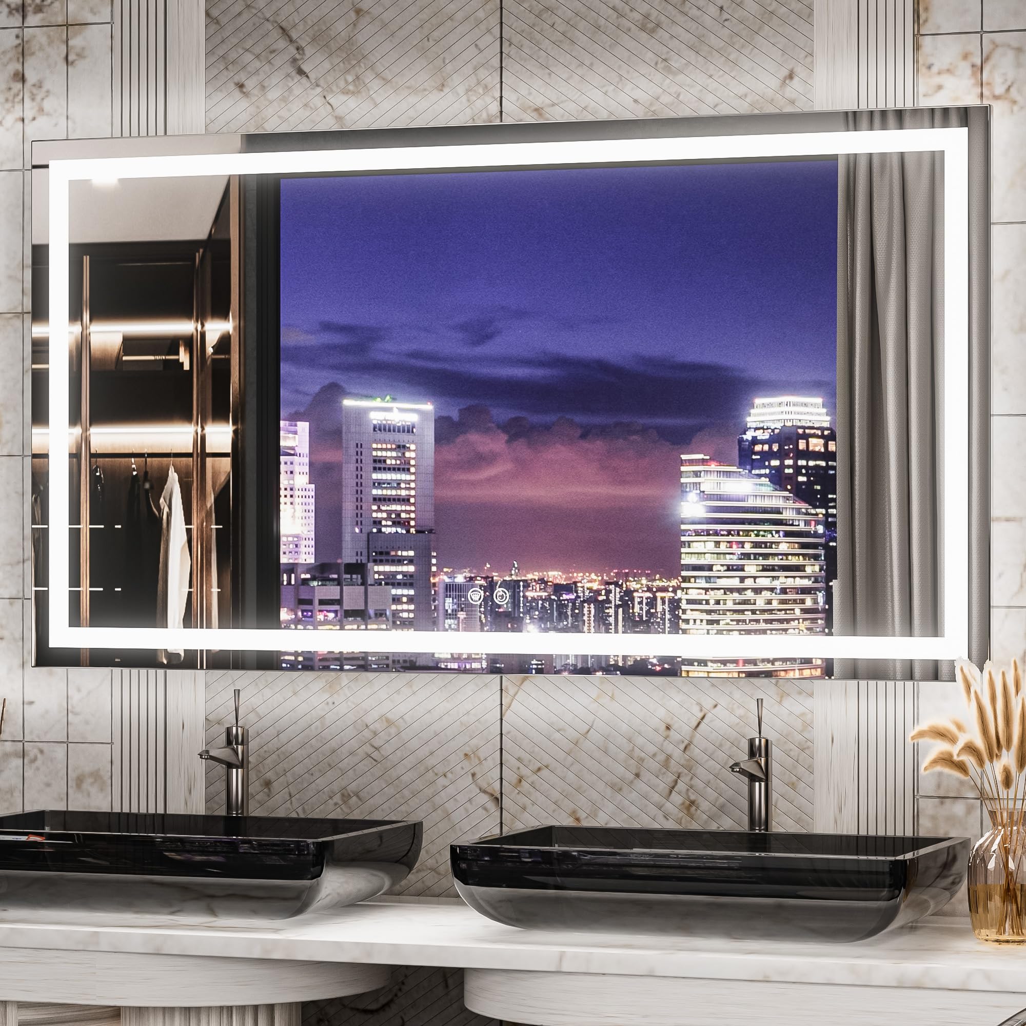 TETOTE 55 x 30 LED Bathroom Mirror with Lights, LED Mirror for Bathroom Vanity Dimmable Anti Fog Wall Mounted, Horizontal/Vertical, Tempered Glass