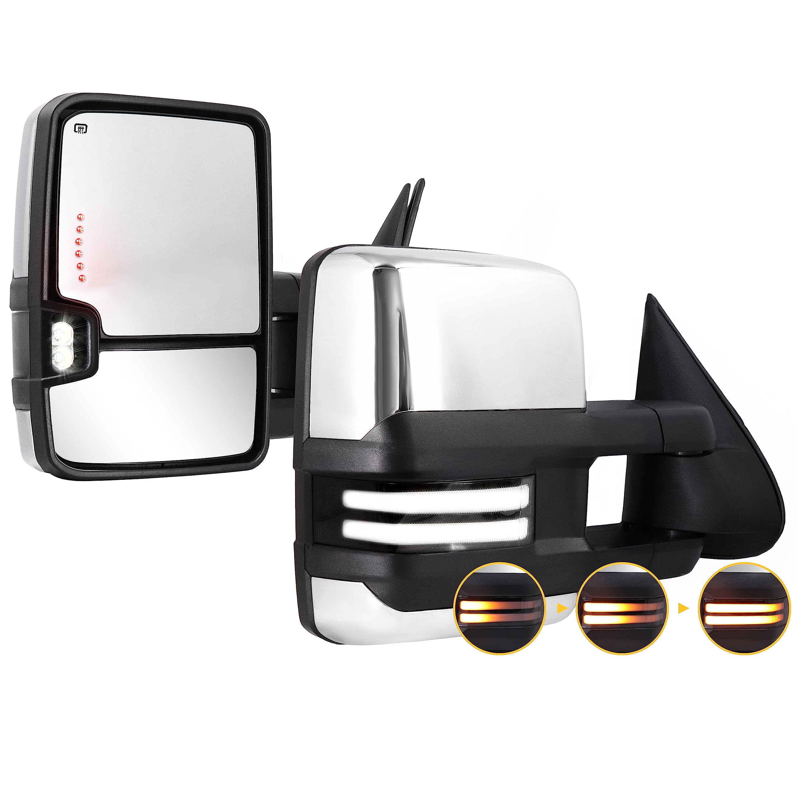 Towing Mirrors Chrome Switchback Lights Compatible with 2003-2007 Chevy Silverado GMC Sierra Tow Mirrors with Turn Signal Running Lights Power Glass Backup Lamp Heated Pair