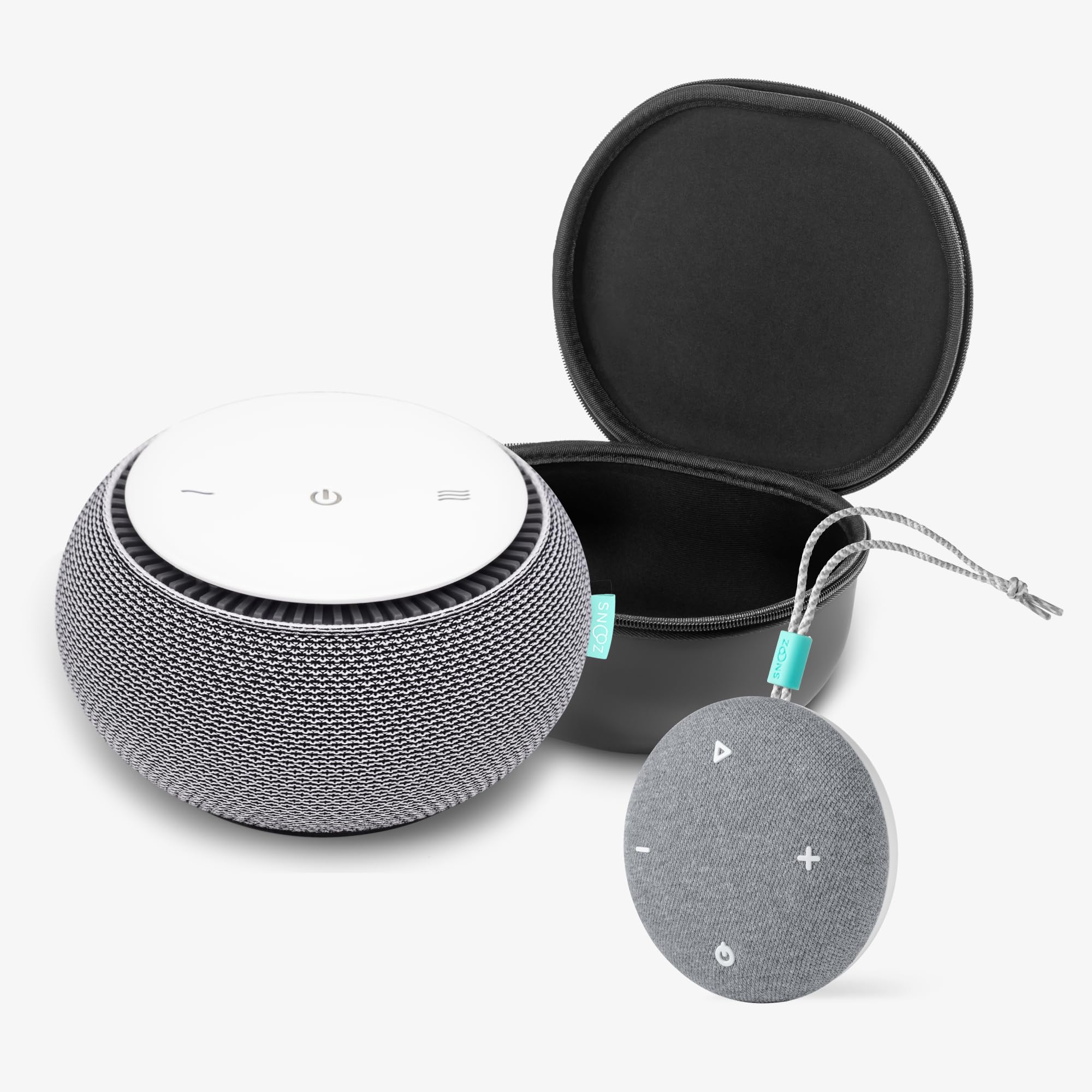 SNOOZ Original White Noise Sound Machine, SNOOZ Go Portable Noise Machine, and Travel Case Bundle