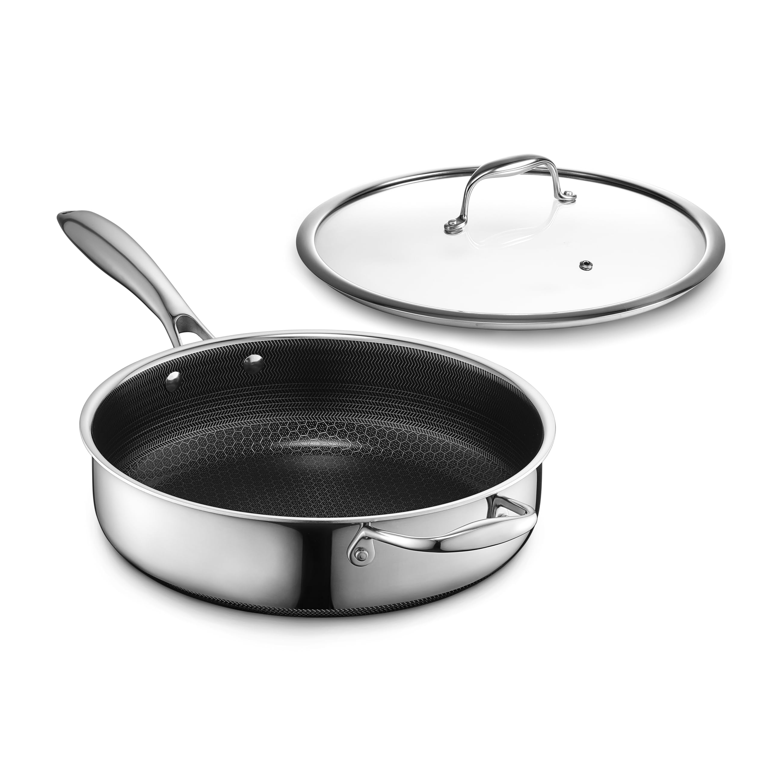 HexClad Hybrid Nonstick 3.3-Quart Deep Sauté Pan with Tempered Glass Lid, Stay-Cool Handle, Dishwasher-Friendly, Oven-Safe Up to 900°F, Induction-Ready, Compatible with All Cooktops