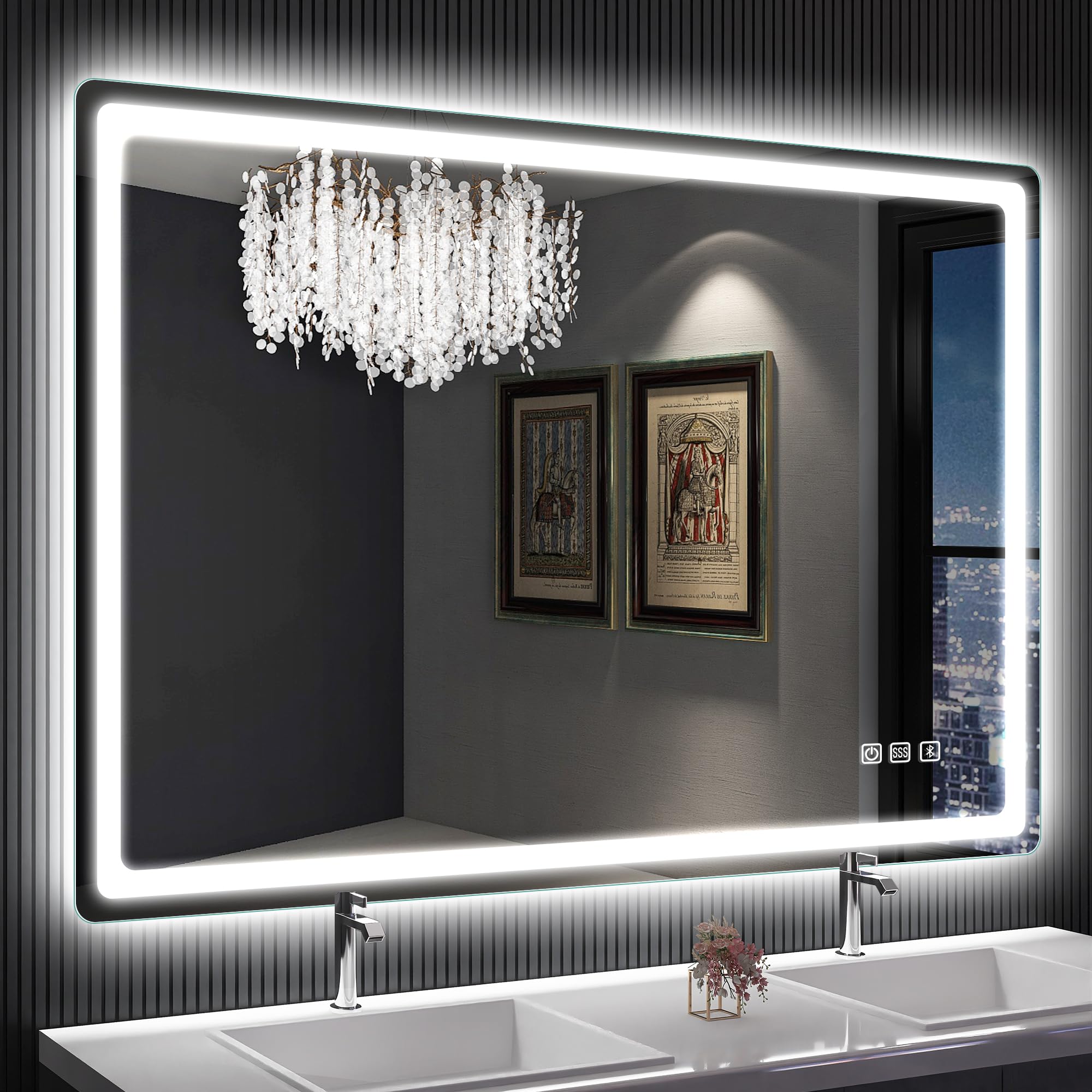 SBAGNO 28x40 LED-Bathroom-Mirror-with-Bluetooth, Dimmable-Lighted-Bathroom-Vanity-Mirror-with-3-Colors，Backlit + Front Lit, Memory Function, Anti-Fog, Tempered Glass, Horizontal/Vertical