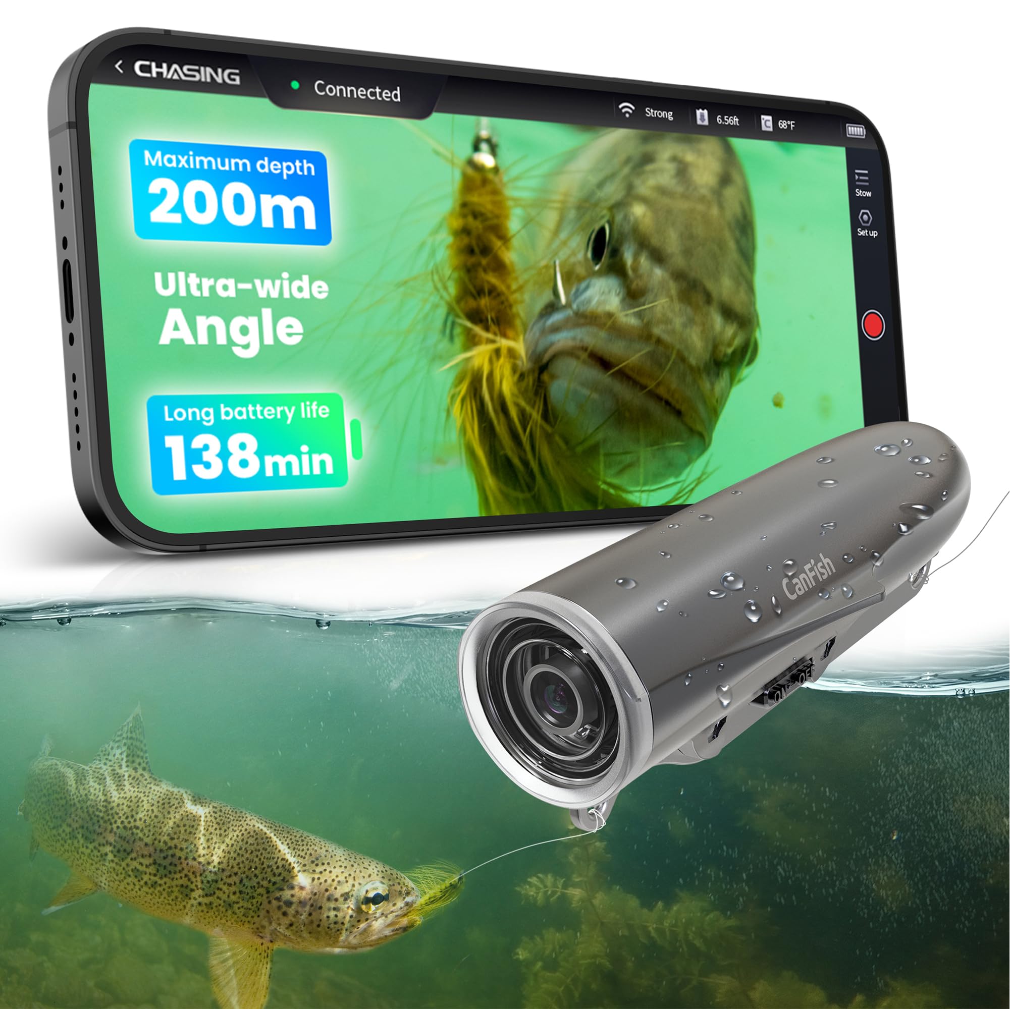 CanFish Fishing CamX Fishing Finders Camera Camera, HD 1080P &136°Ultra-Wide-Angle,656FT ROV Waterproof/Motion Sensing/Segmented Intelligent Recording/Wireless Charge/App Compatible (Grey)