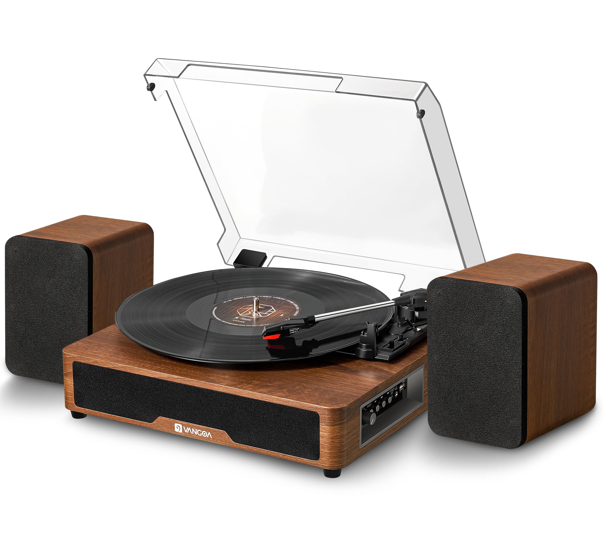 Vangoa Vinyl Record Player Turntable with 2 Speakers, Wireless Record Player 3 Speed 3 Size Bluetooth Turntables for Vinyl Records Supports AUX-in, RCA Line, USB, Brown